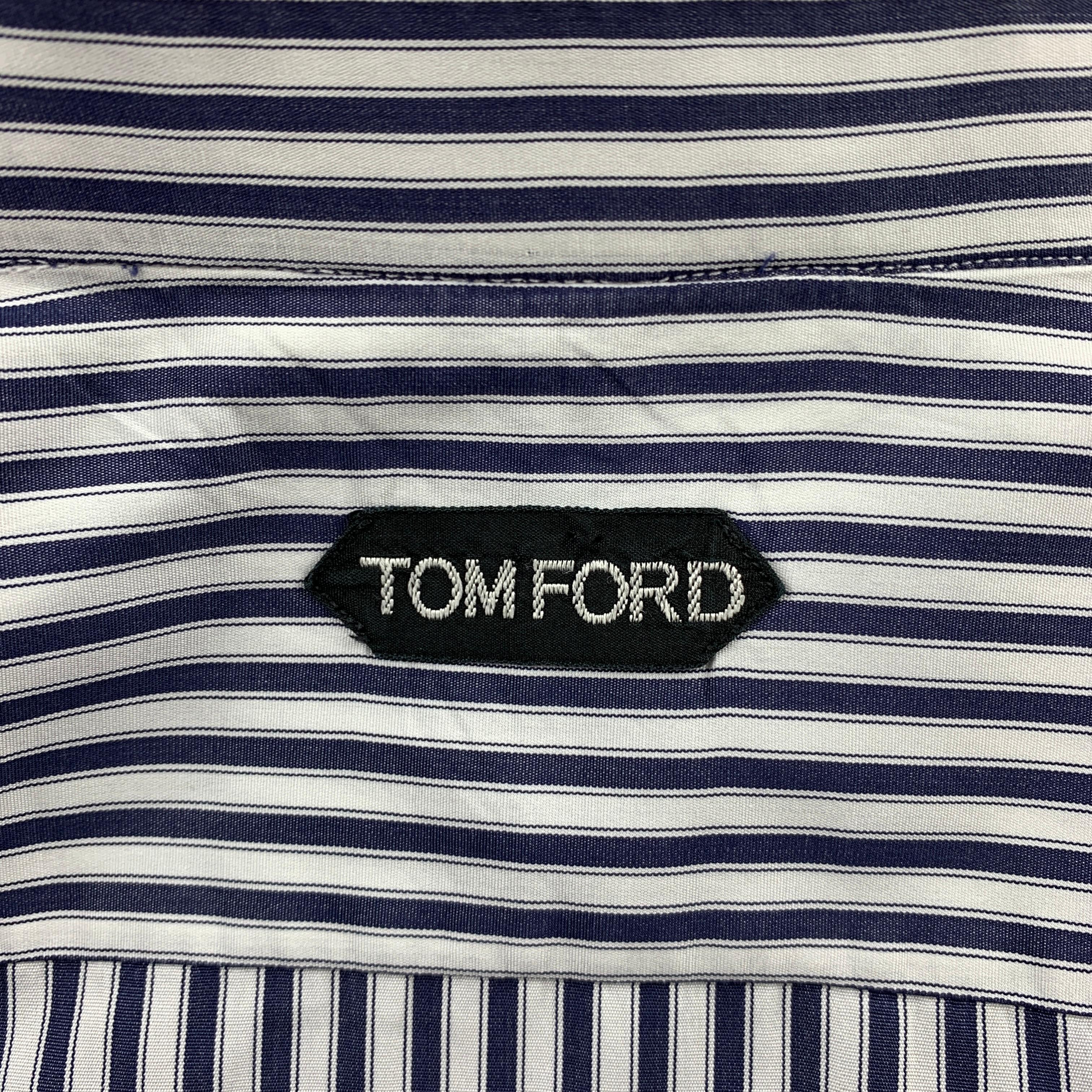 Men's TOM FORD Size XL Navy & White Vertical Stripe Cotton Button Up Long Sleeve Shirt