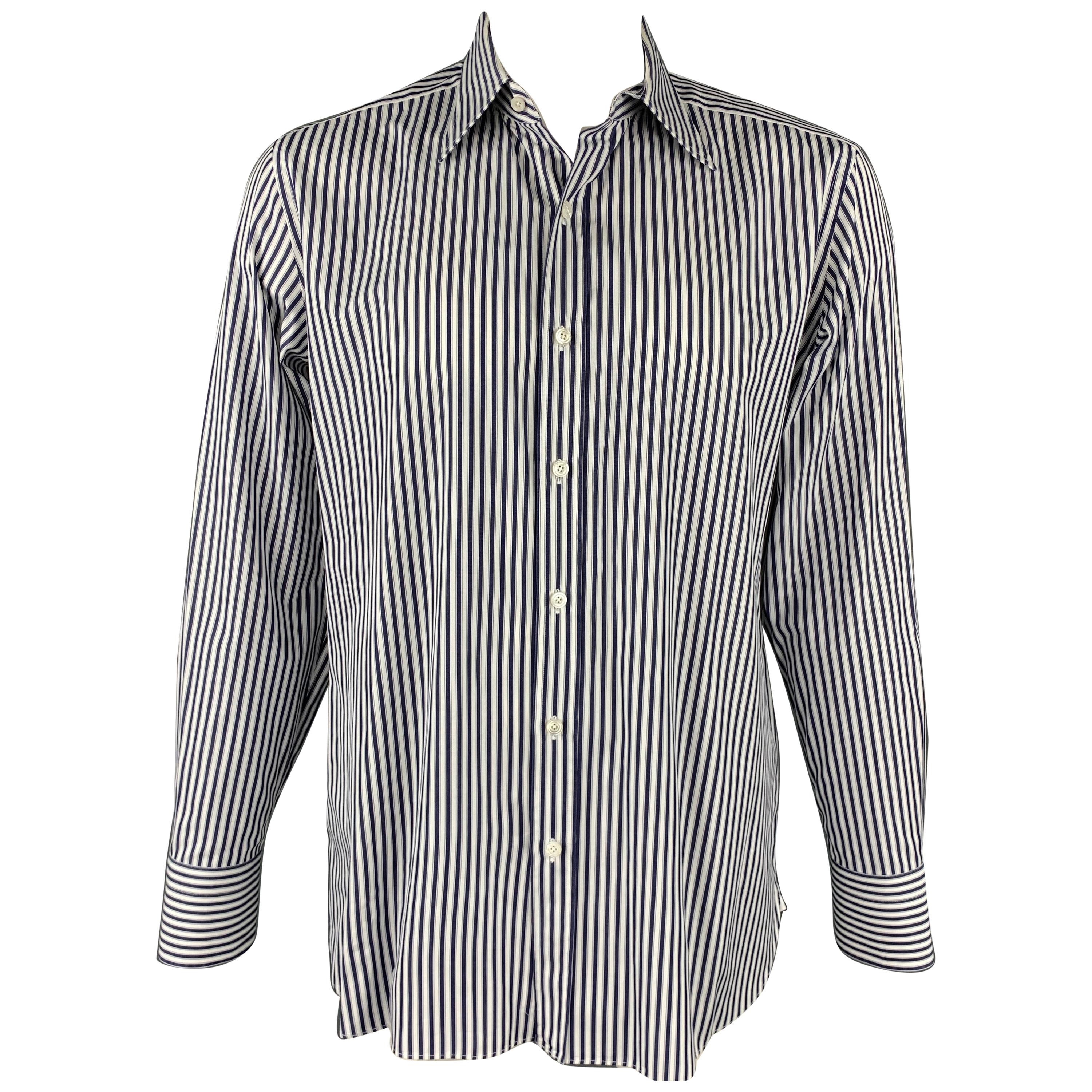 TOM FORD Size XL Navy & White Vertical Stripe Cotton Button Up Long Sleeve Shirt