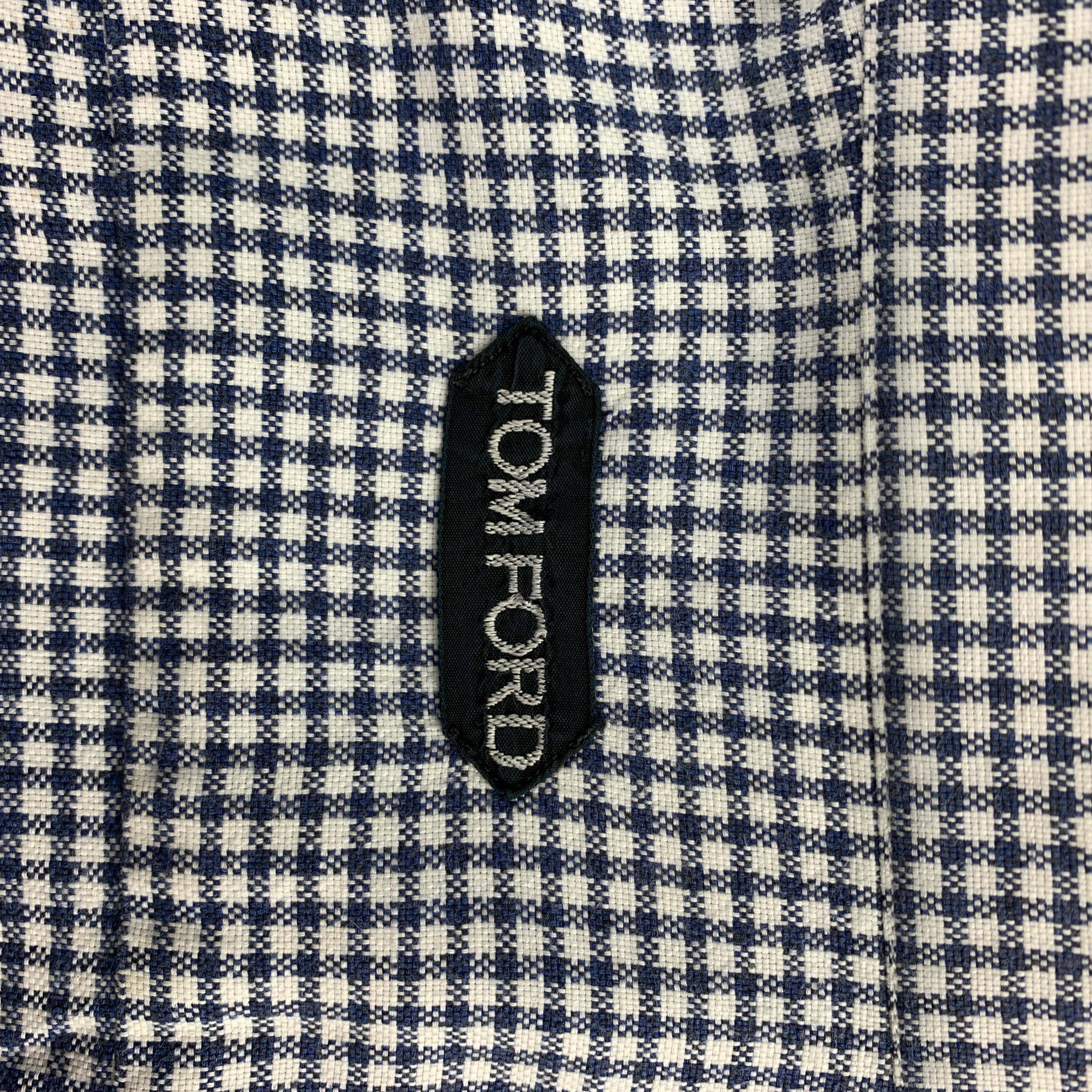 TOM FORD Size XL Navy & White Window Pane Cotton Button Up Long Sleeve Shirt 1