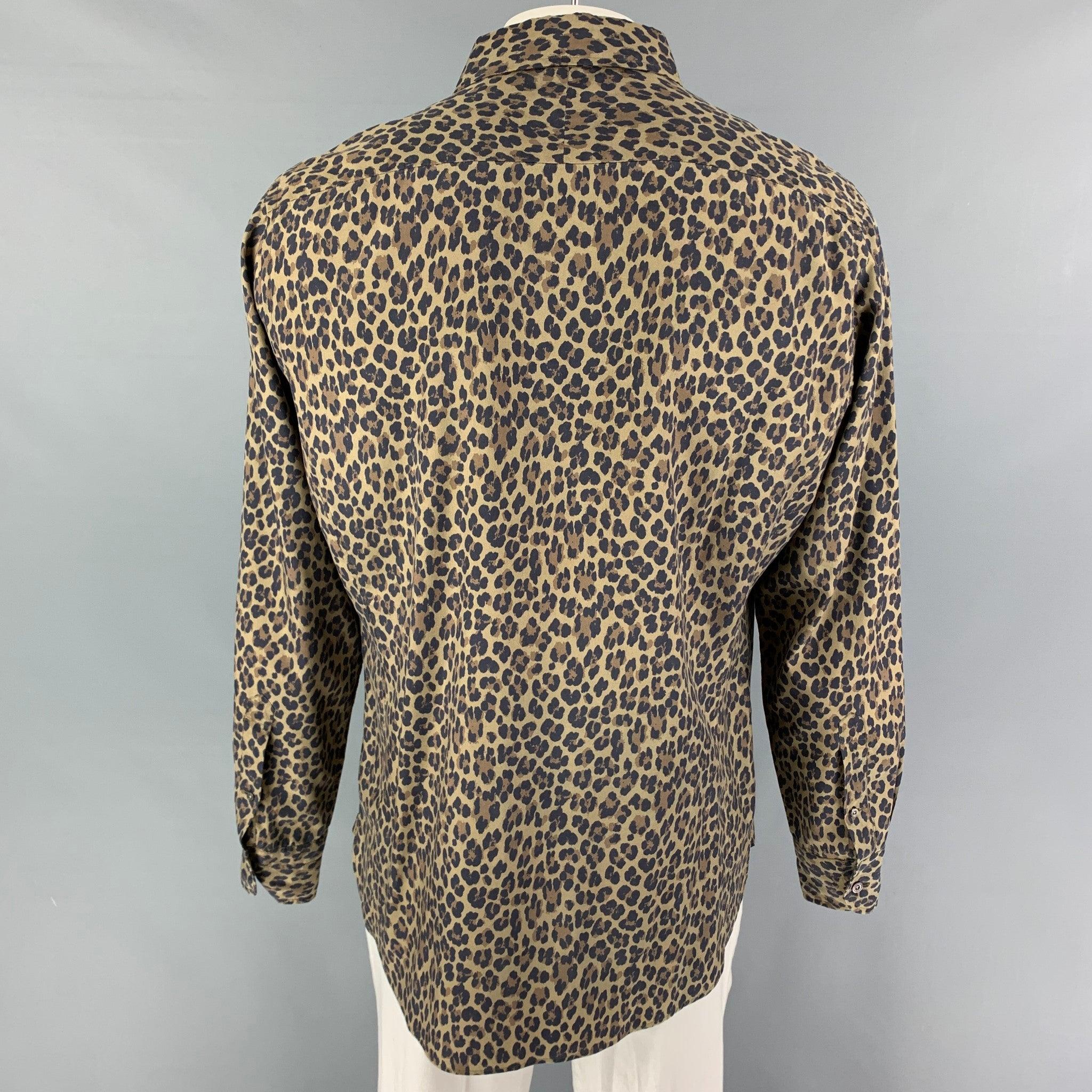 TOM FORD Size XL Olive Black Brown Animal Print Silk Long Sleeve Shirt In Good Condition For Sale In San Francisco, CA