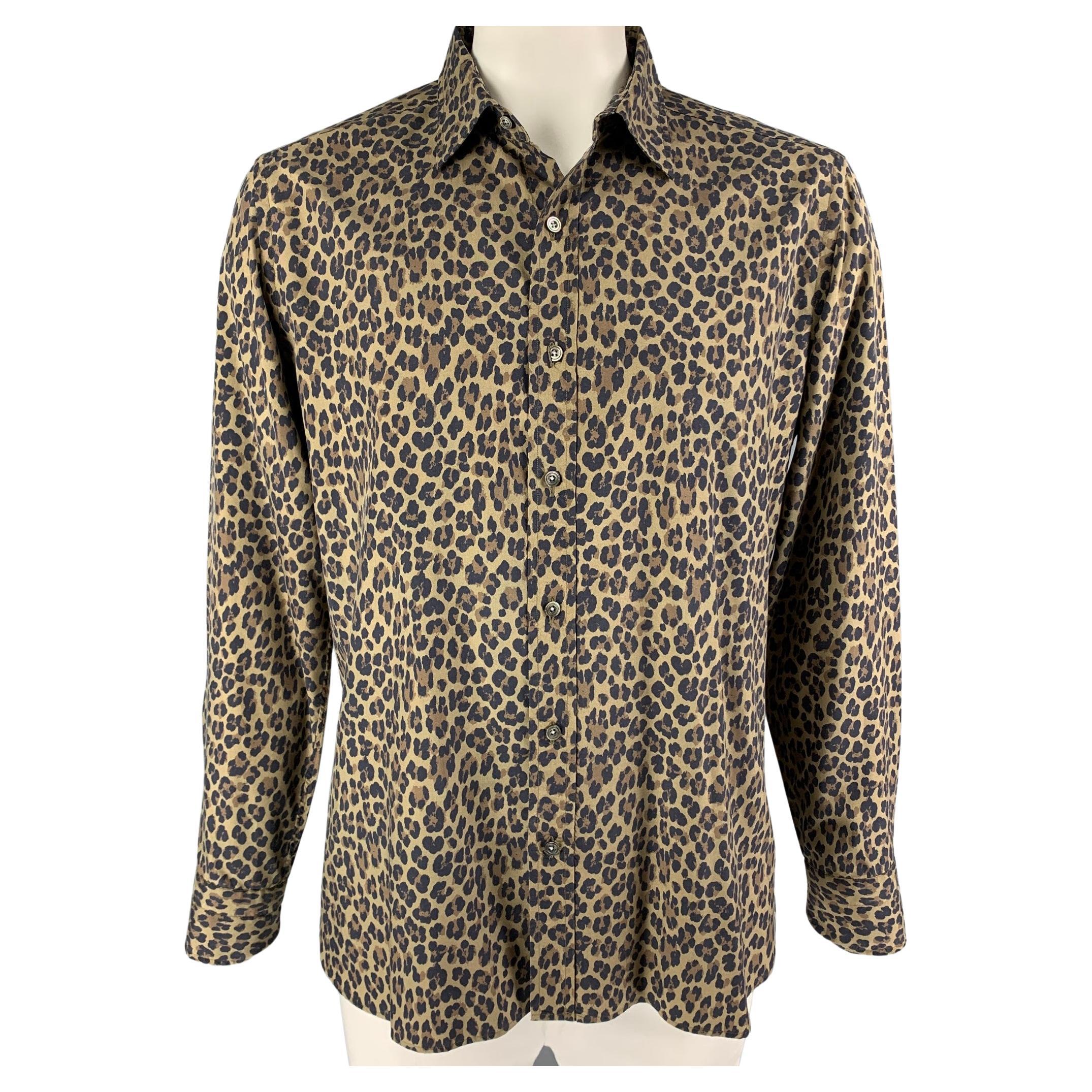 TOM FORD Size XL Olive Black Brown Animal Print Silk Long Sleeve Shirt