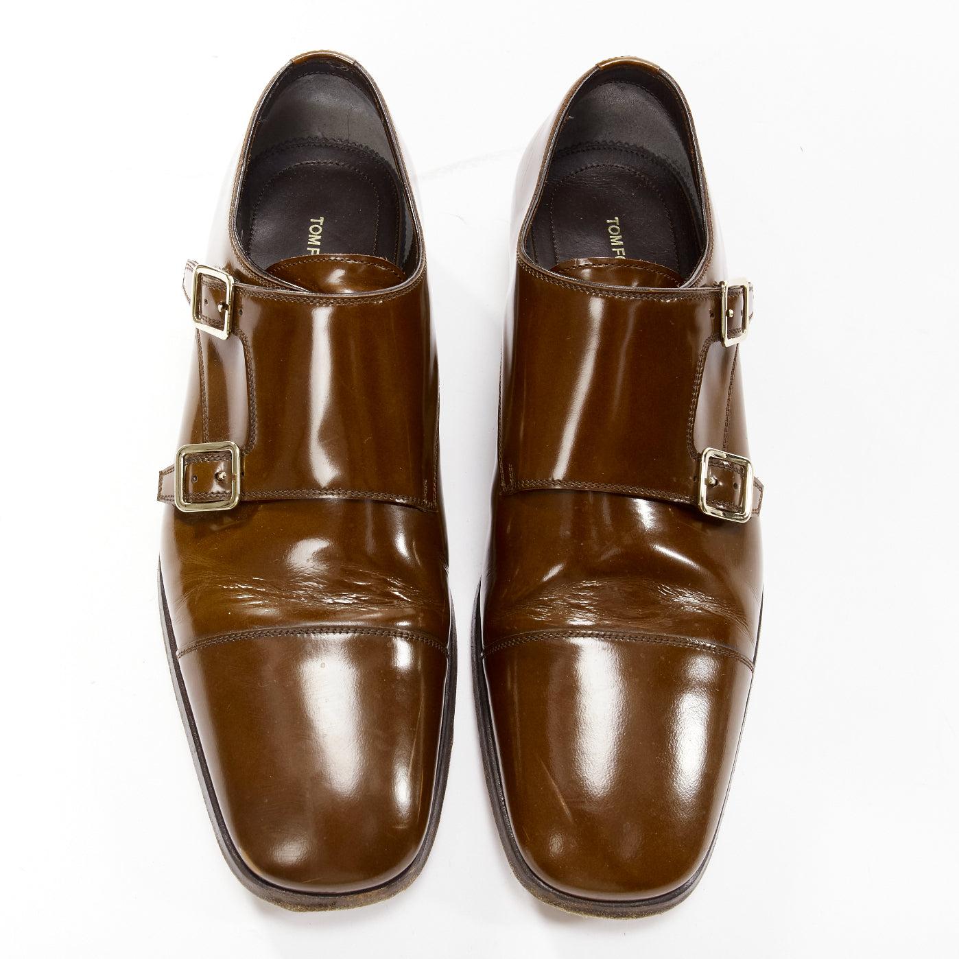 TOM FORD Spazzolato brown leather buckles monk strap loafers UK7 EU41 In Fair Condition For Sale In Hong Kong, NT