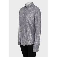 Tom Ford SS22 Silver Sequin Blouse IT 42 M Button Front Long Sleeve