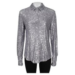 Tom Ford SS22 Silver Sequin Blouse IT 42 M Button Front Long Sleeve