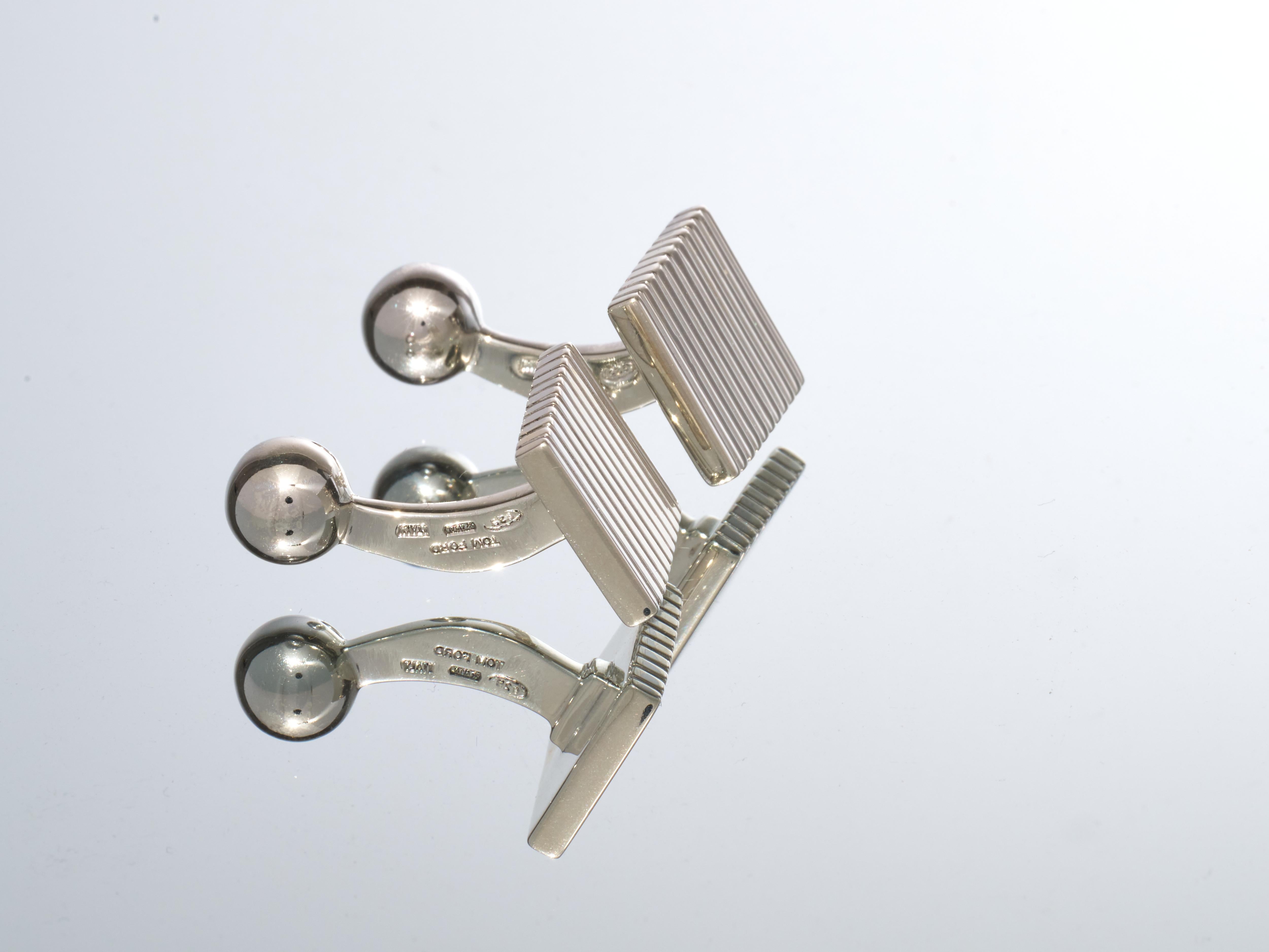 Tom Ford Sterling Silver Cufflinks Square Grooved Design With Pouch For Sale 3