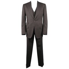 Tom Ford Suit - Men's Grey and Brown Checkered Tartan Wool Three Piece Jacket
