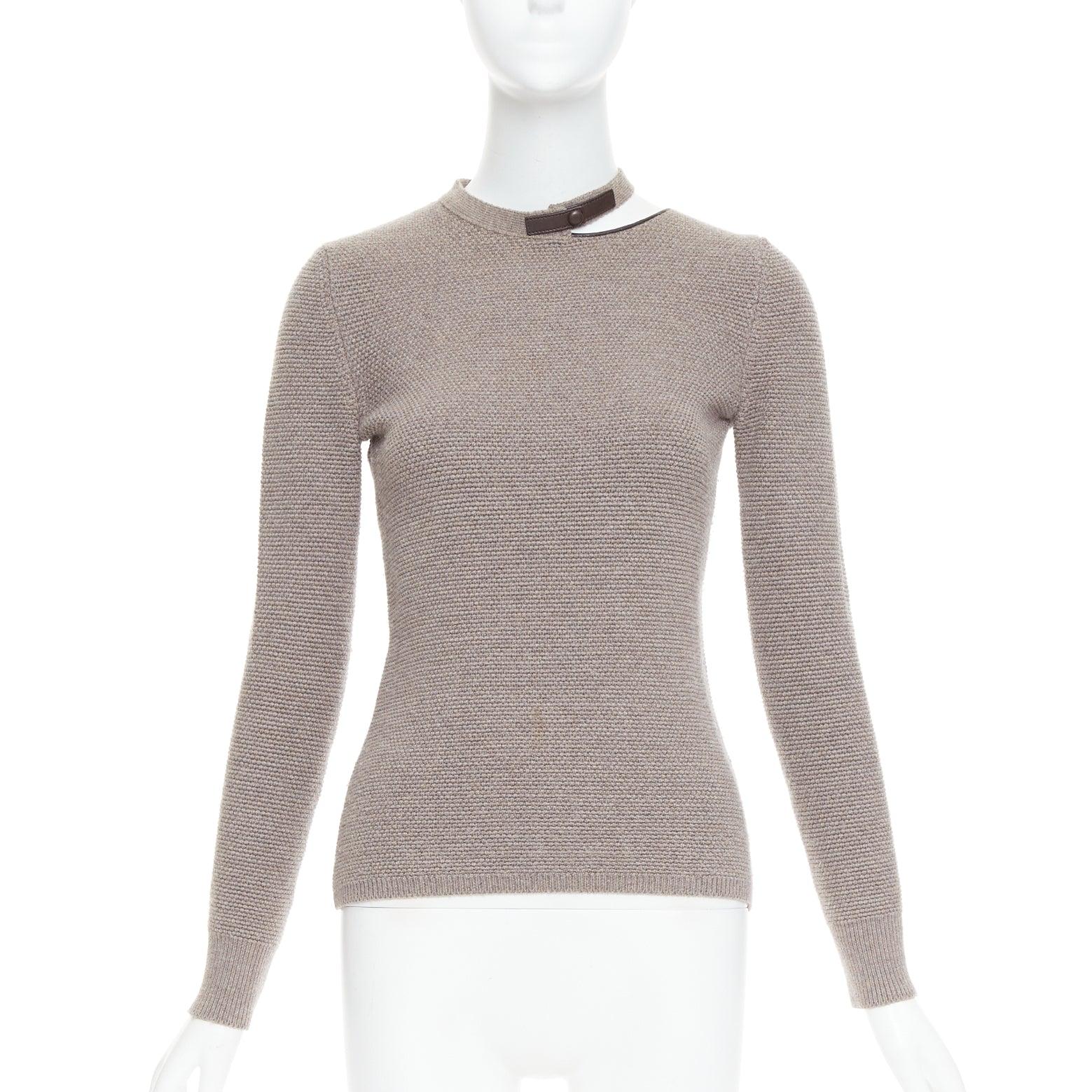 Gray TOM FORD taupe fleece wool blend cut out leather collar sweater S For Sale