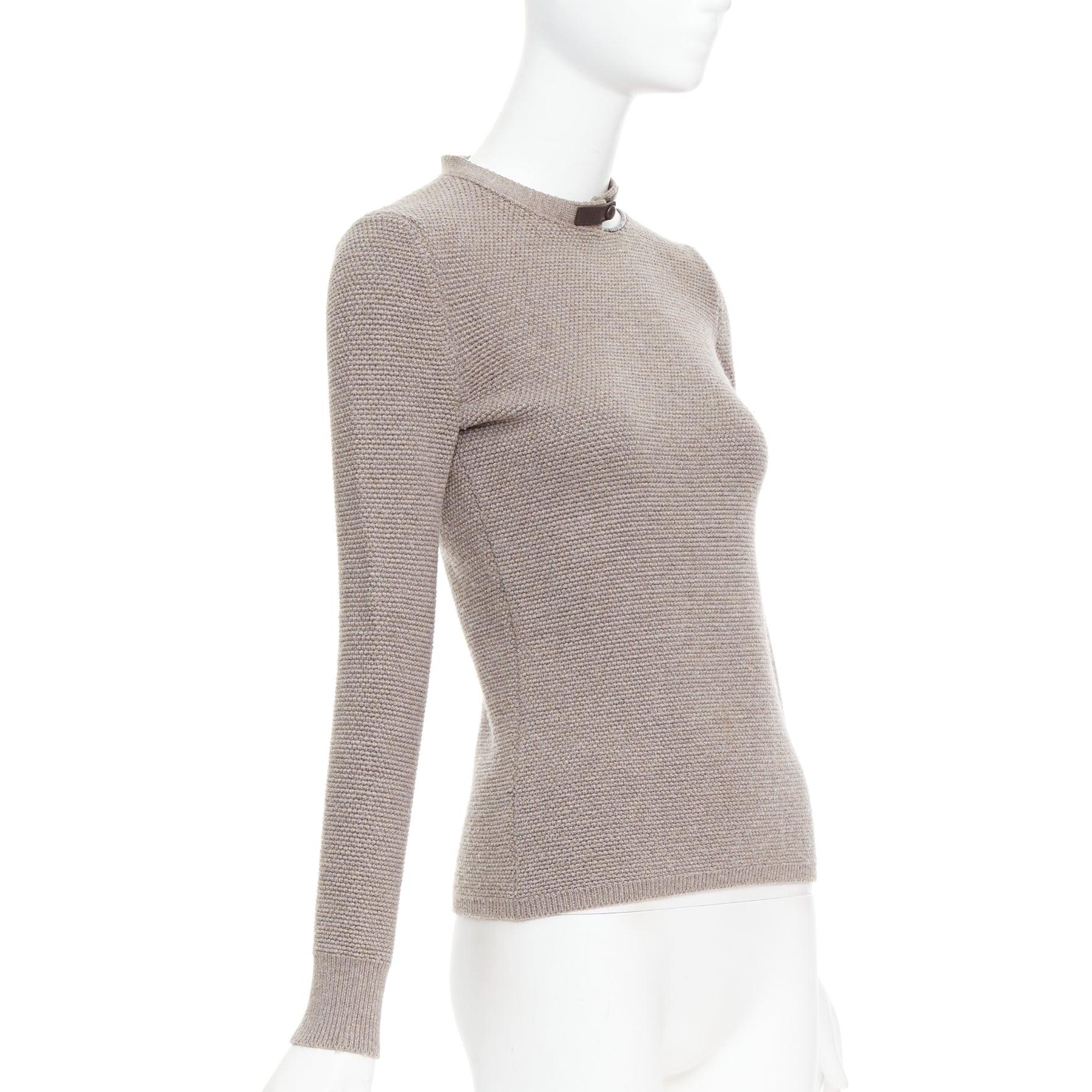 TOM FORD taupe fleece wool blend cut out leather collar sweater S In Good Condition For Sale In Hong Kong, NT