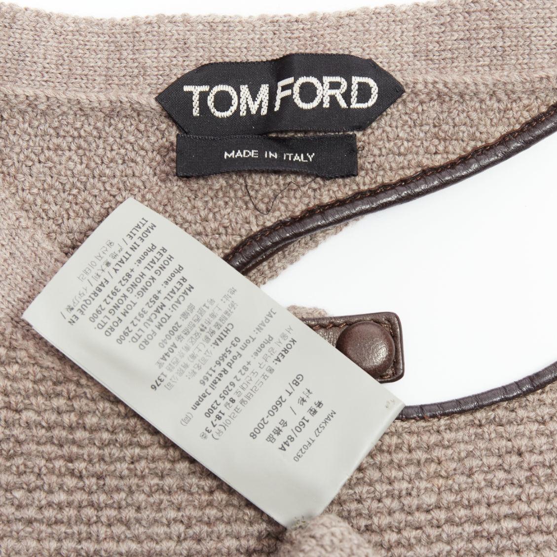 TOM FORD taupe fleece wool blend cut out leather collar sweater S For Sale 3