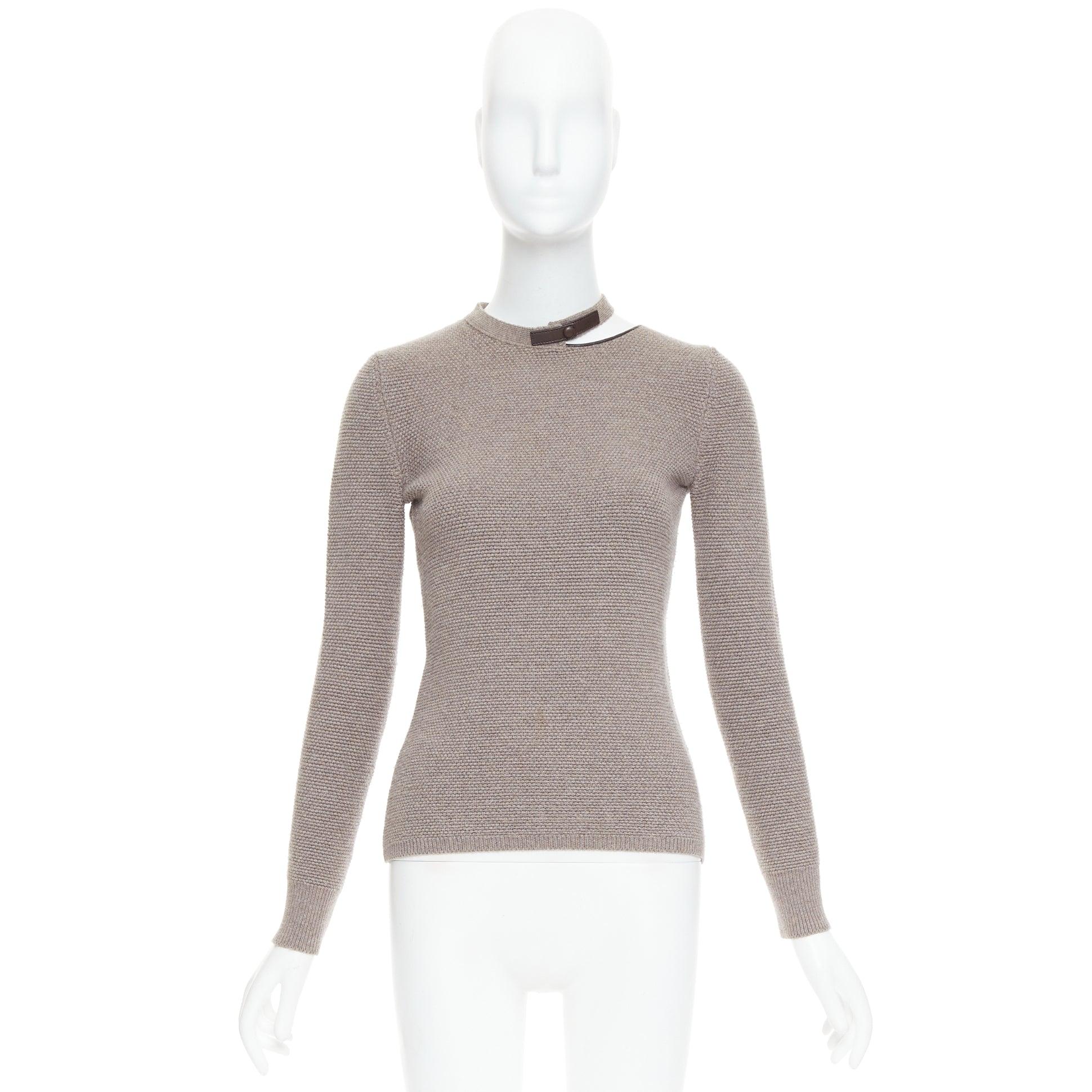TOM FORD taupe fleece wool blend cut out leather collar sweater S For Sale 4