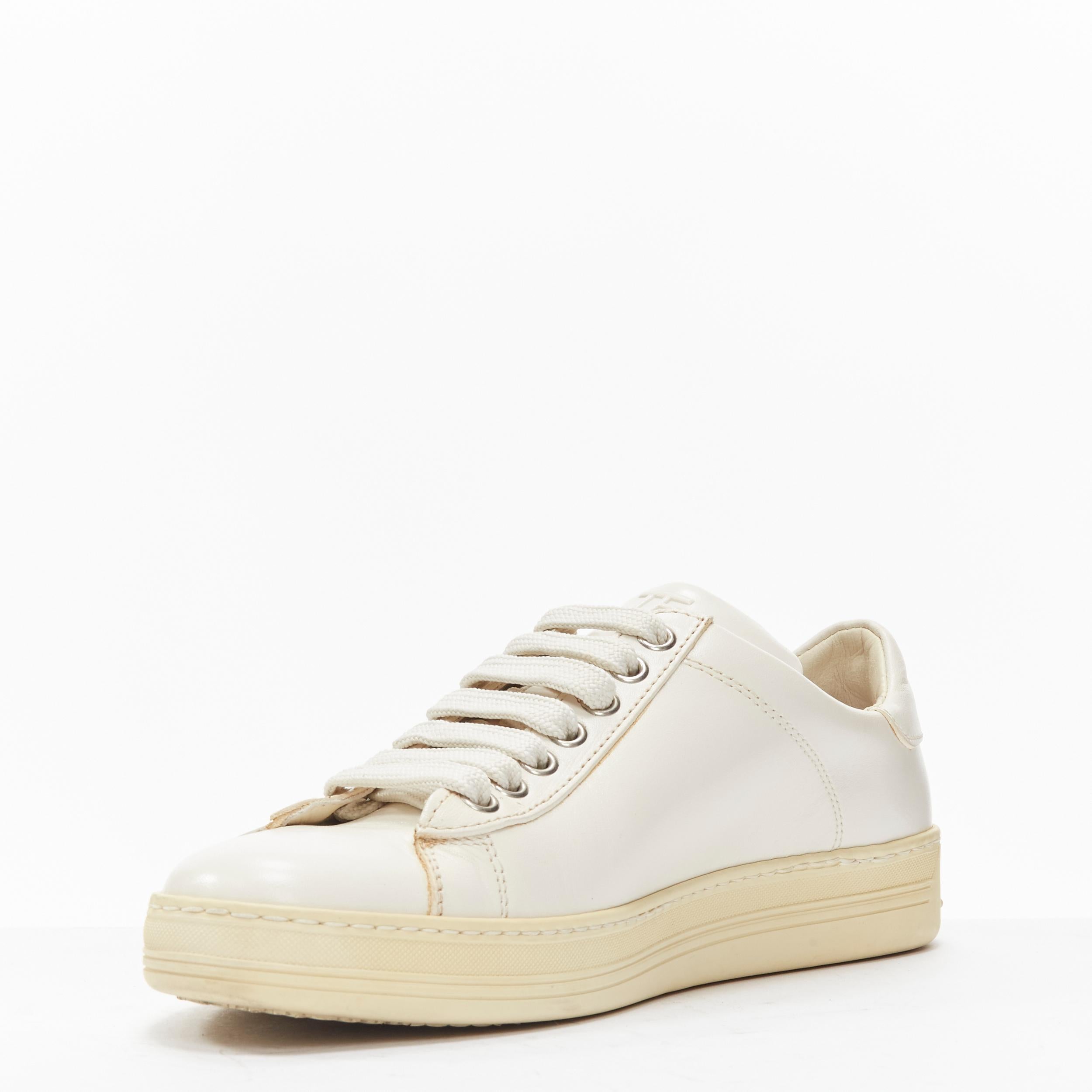 Beige TOM FORD TF logo cream stiff leather minimal classic lace up sneakers EU36 For Sale