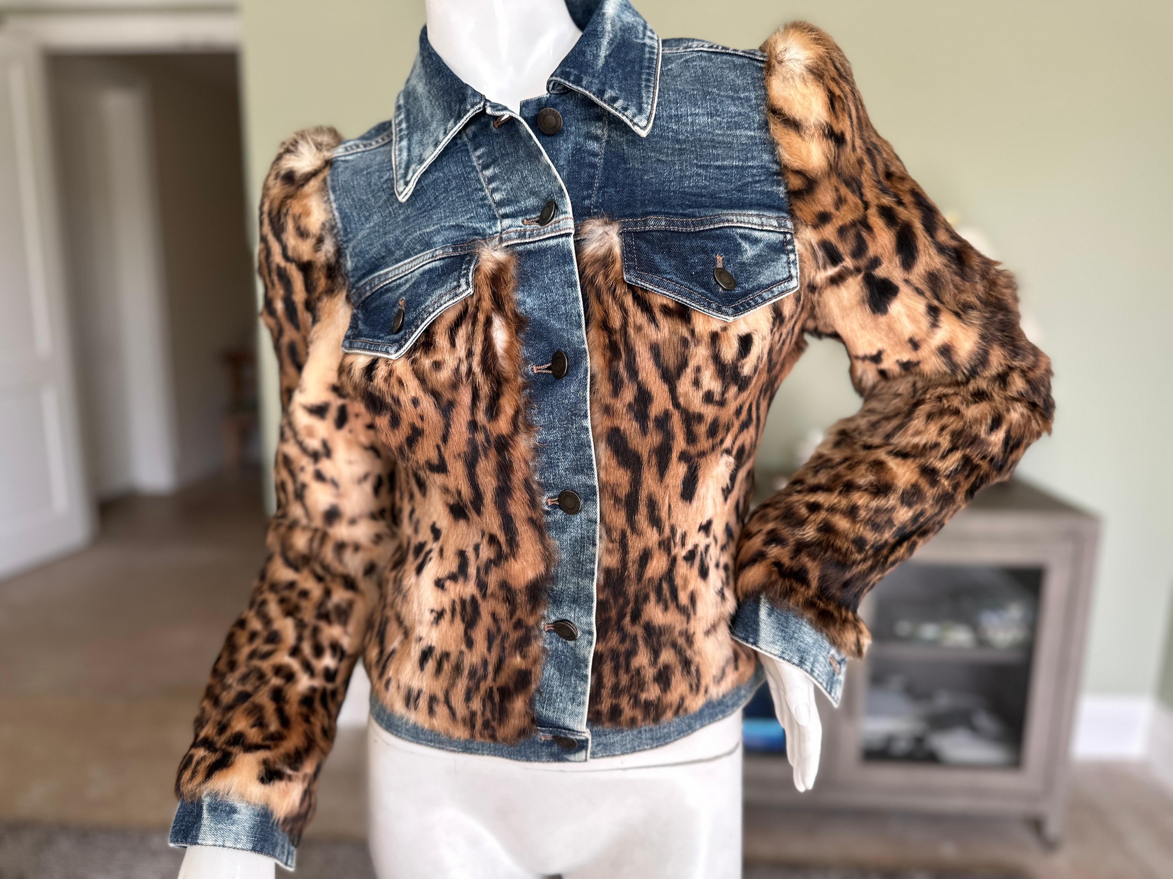 Women's or Men's Tom Ford Vintage Bold Shoulder Blue Jean Denim Jacket w Leopard Print Lapin Fur  For Sale