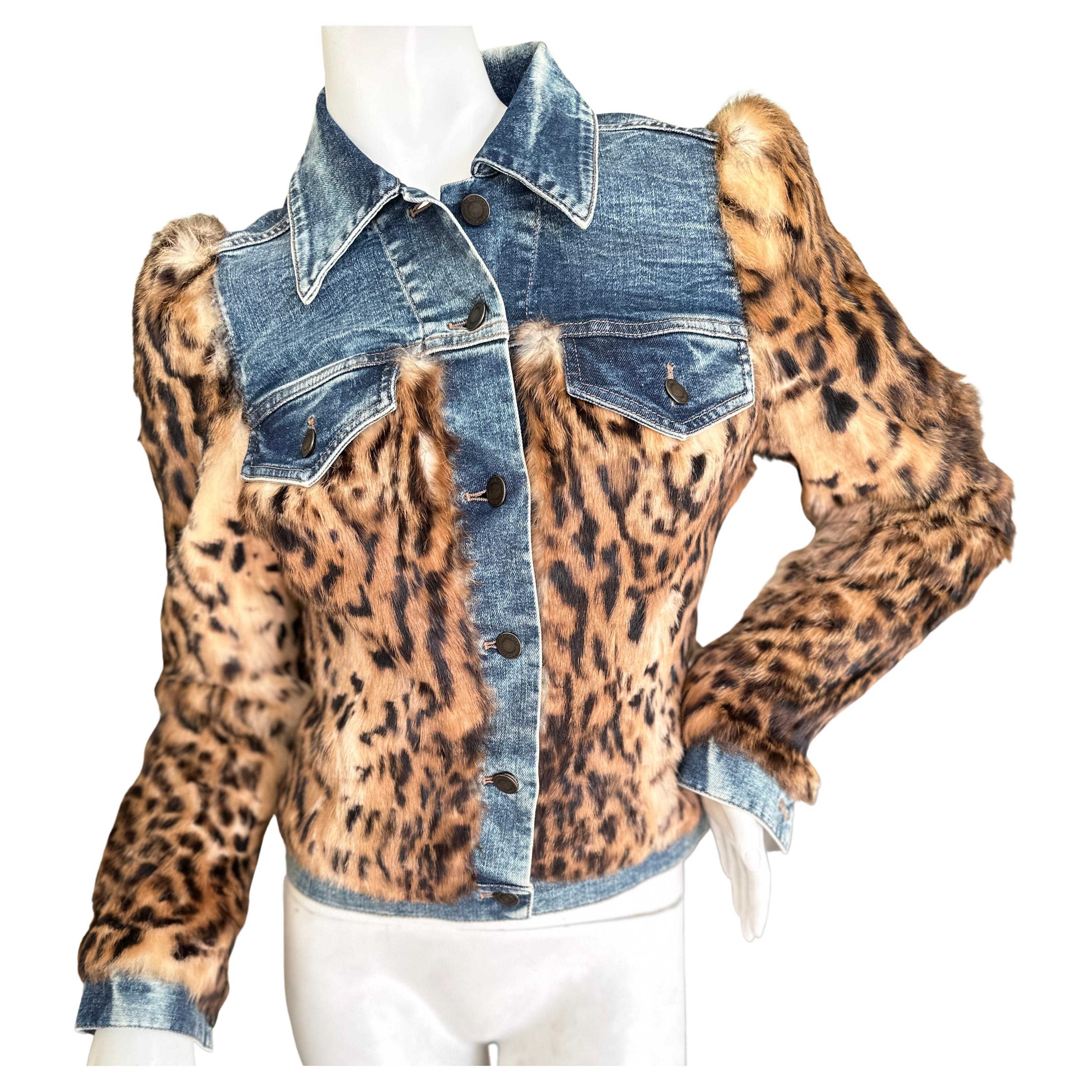 Tom Ford Vintage Bold Shoulder Blue Jean Denim Jacket w Leopard Print Lapin Fur  For Sale