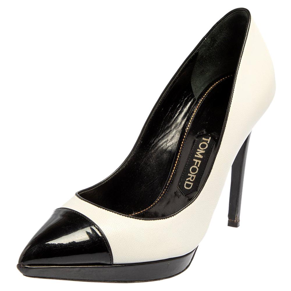 Tom Ford White/Black Patent Leather And Leather Pointed Toe Pumps Size 39.5