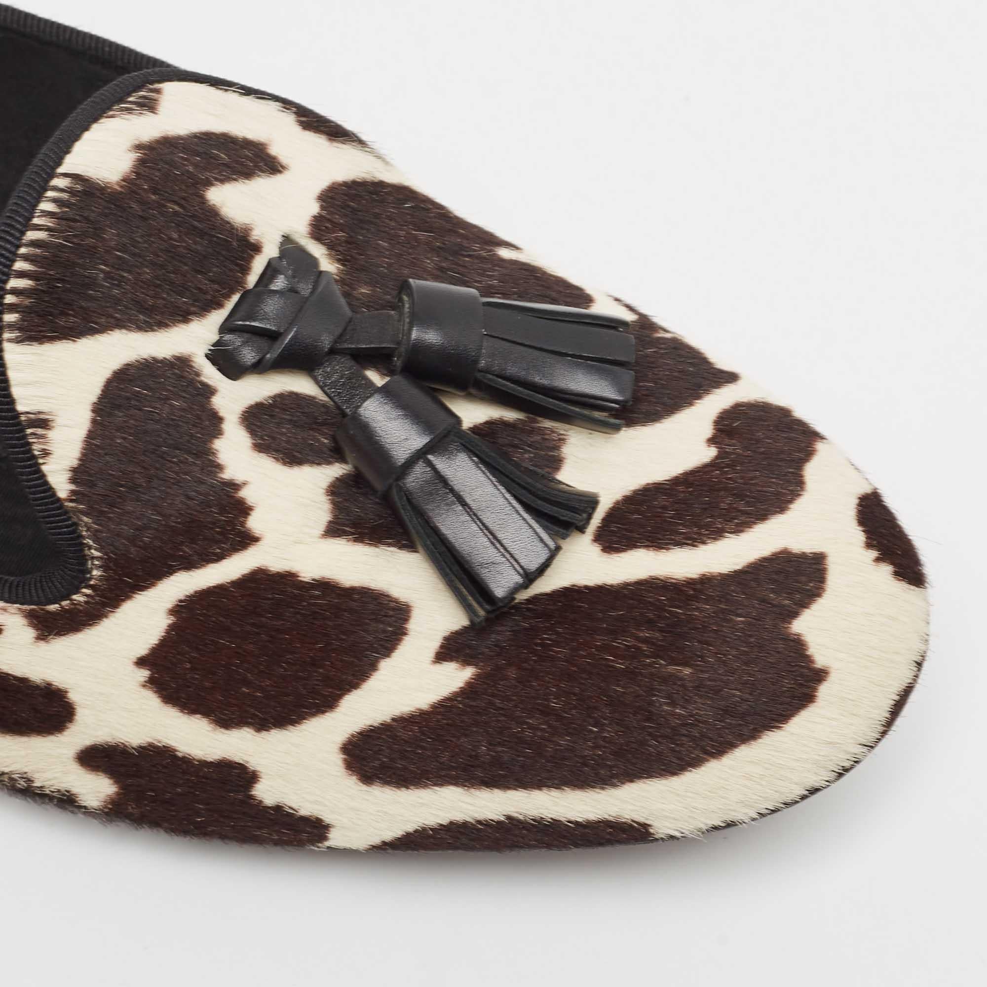Black Tom Ford White/Brown Pony Hair Tassel Detail Smoking Slippers Size 38