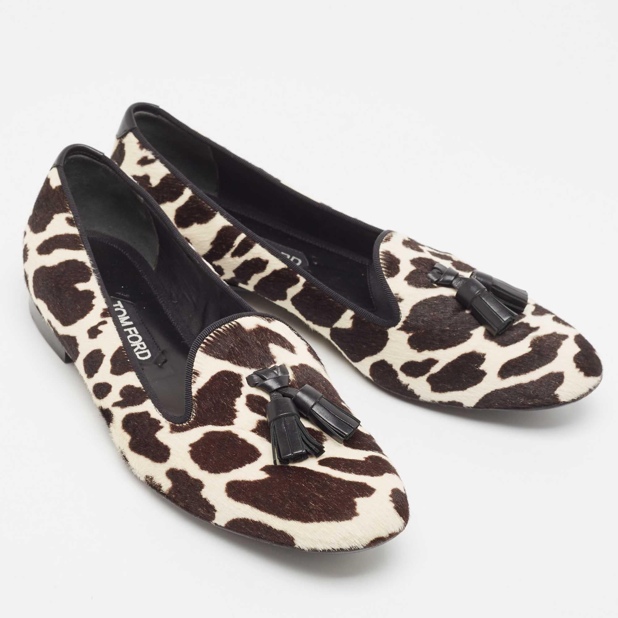 Women's Tom Ford White/Brown Pony Hair Tassel Detail Smoking Slippers Size 38
