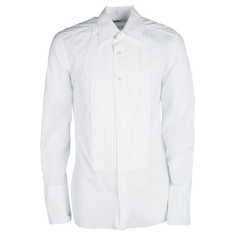 Tom Ford White Cotton Pintuck Detail Long Sleeve Button Front Tuxedo Shirt XL