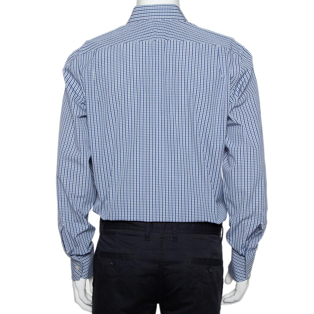 Violet Tom Ford - Chemise en coton à motifs blancs et bleus marines avec boutons sur le devant XL en vente