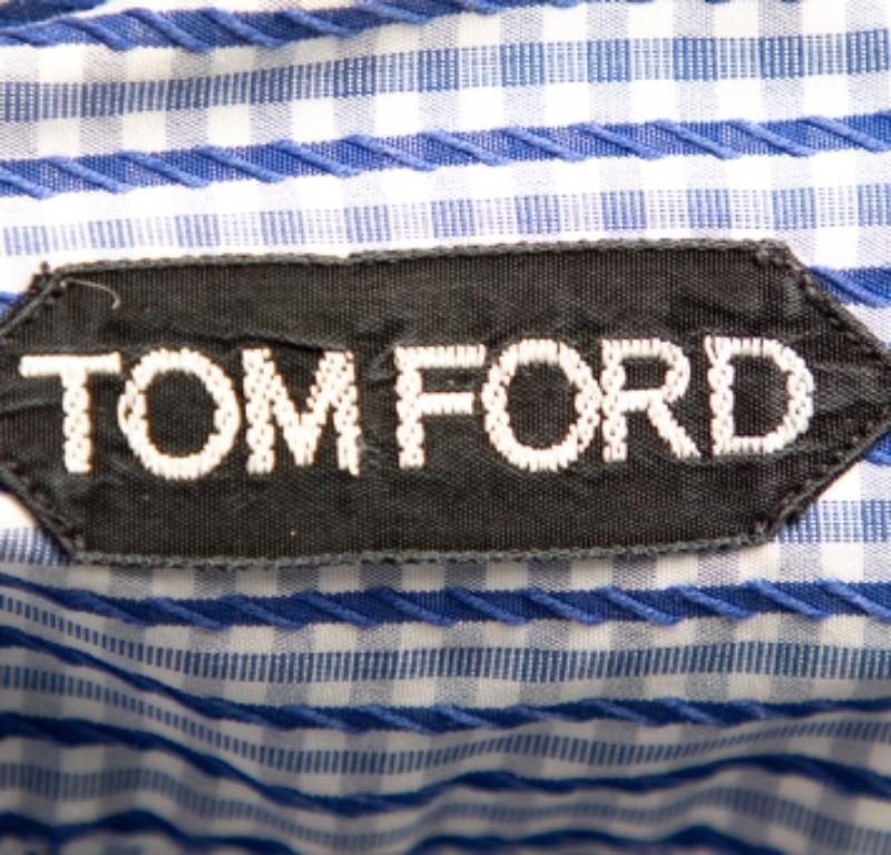 Men's Tom Ford White & Navy Blue Patterned Cotton Button Front Shirt XL For Sale