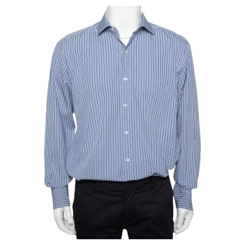 Tom Ford White & Navy Blue Patterned Cotton Button Front Shirt XL For Sale