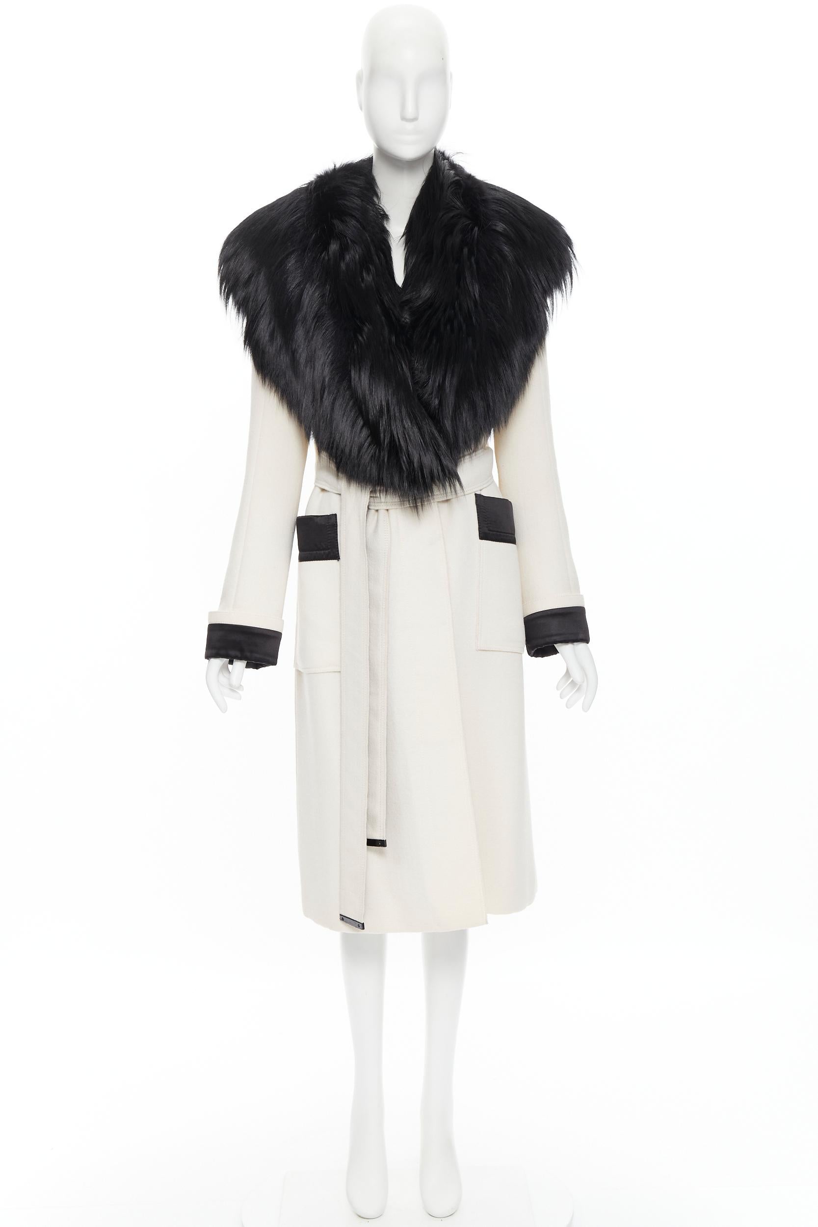 TOM FORD white wool crepe black fox fur collar quilted belted robe coat IT40 S 4