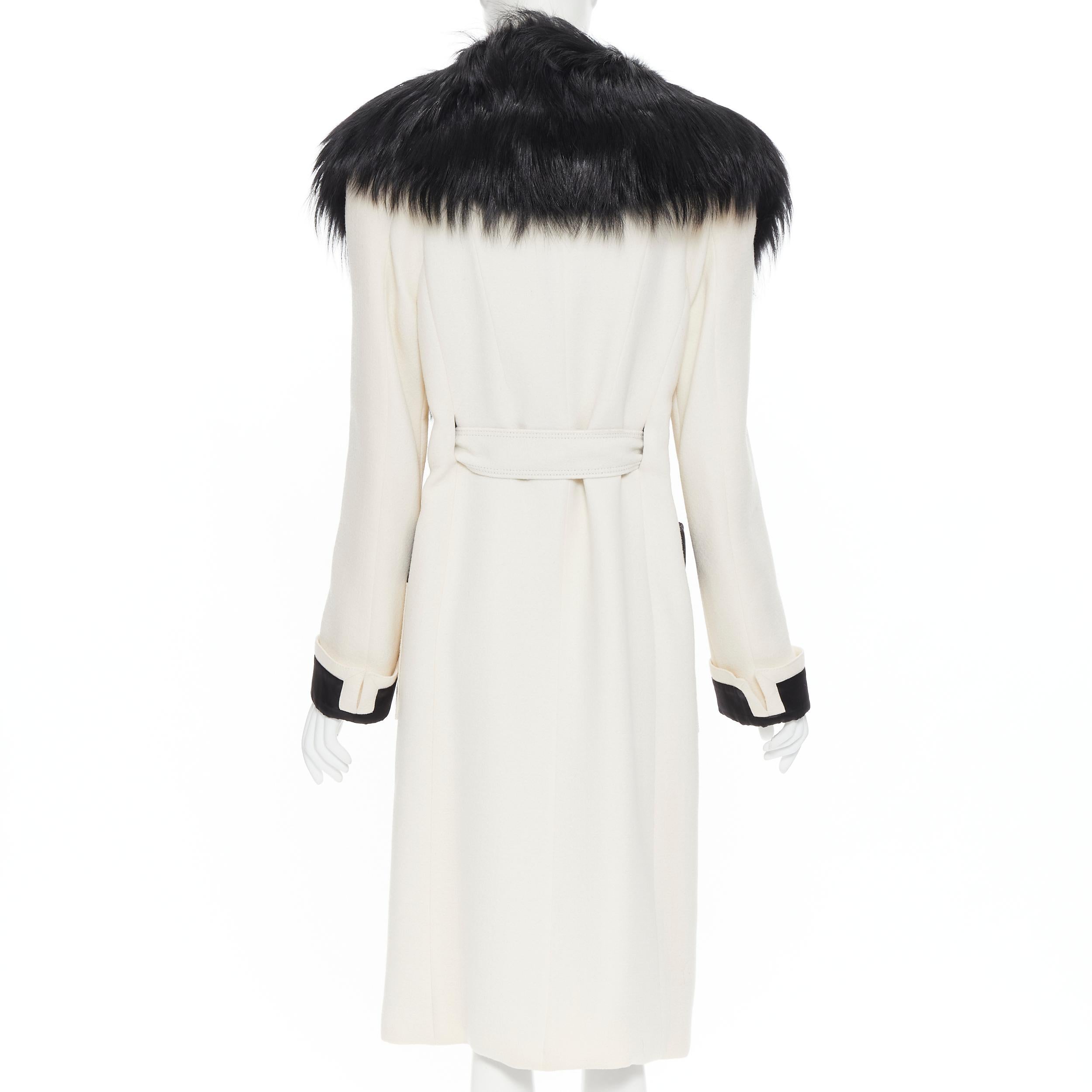 Gray TOM FORD white wool crepe black fox fur collar quilted belted robe coat IT40 S