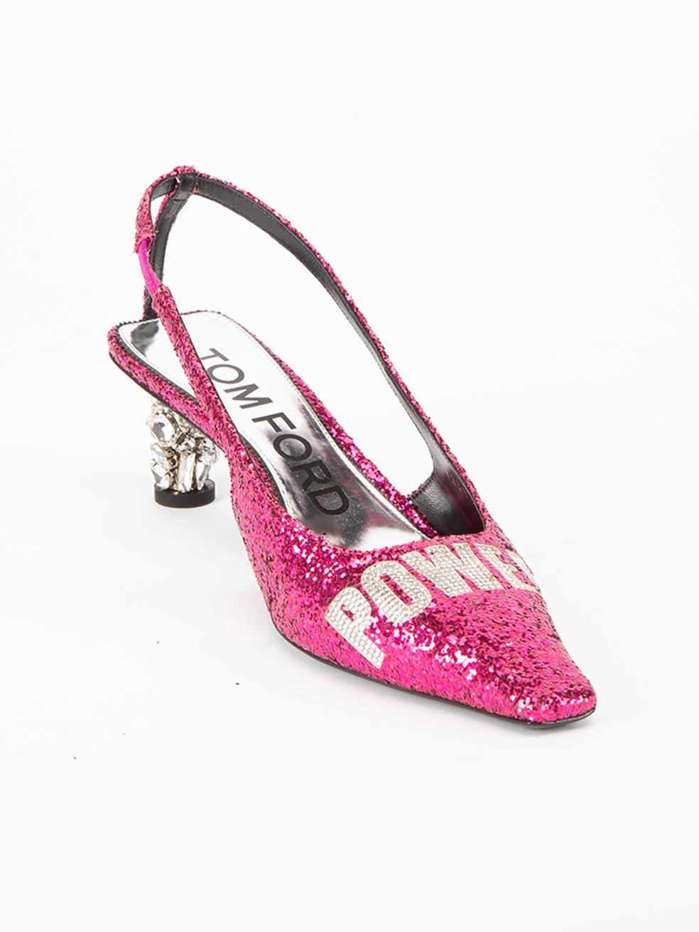 CONDITION is Never Worn. No visible wear to heels is evident on this used Tom Ford designer resale item. This item includes the original dustbag and shoebox.
 
 Details
  Pink
 Glitter
 Slip on heels
 Square toe
 Embellished mid heel
 Pussy Power