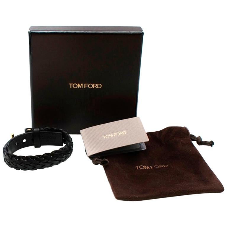 Tom Ford Woven Leather and Gold T Logo Bracelet For Sale
