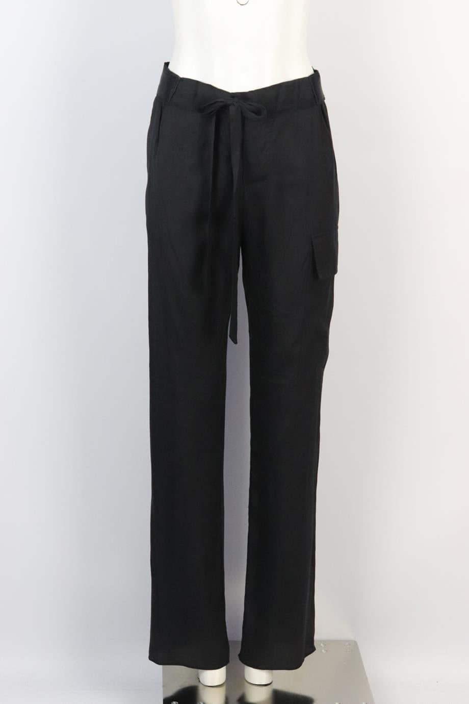 Tom Ford woven straight leg pants. Black. Button fastening at front. 100% Viscose; details: 100% leather. Size: IT 38 (UK 6, US 2, FR 34). Waist: 31 in. Hips: 41 in. Length: 45 in. Inseam: 34 in. Rise: 12 in. Very good condition - Some small pulls