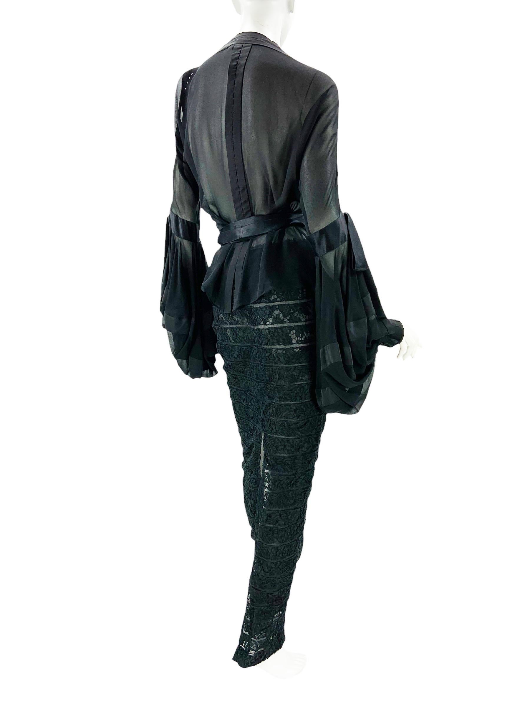 Black Tom Ford x Yves Saint Laurent FW 2002 Ribbon Lace-Up Blouse + Lace Skirt  Fr. 38 For Sale
