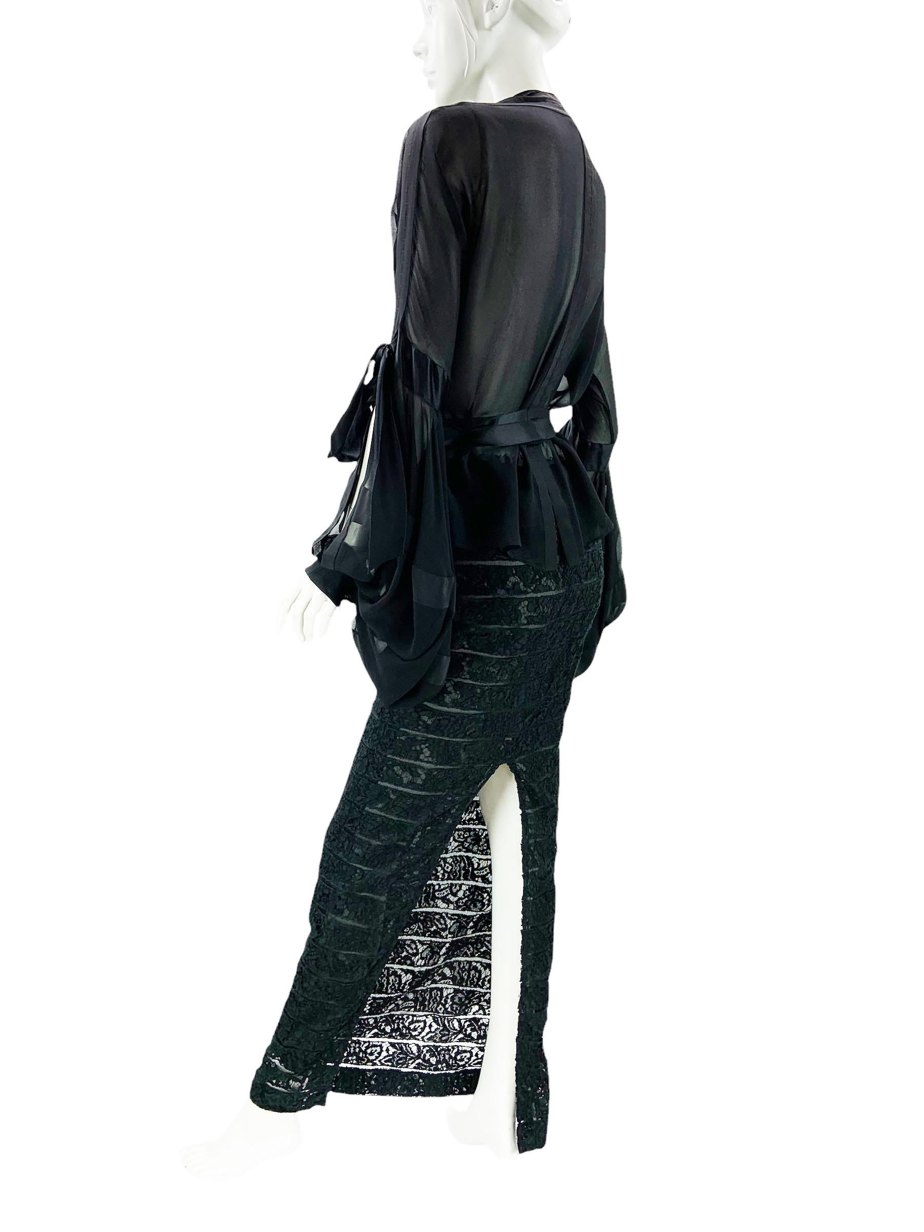 Tom Ford x Yves Saint Laurent FW 2002 Ribbon Lace-Up Blouse + Lace Skirt  Fr. 38 In Excellent Condition For Sale In Montgomery, TX
