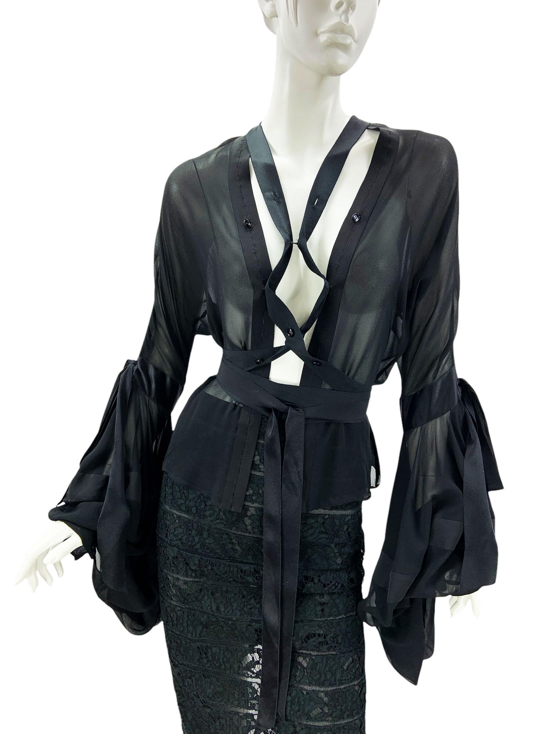 Tom Ford x Yves Saint Laurent FW 2002 Ribbon Lace-Up Blouse + Lace Skirt  Fr. 38 For Sale 1