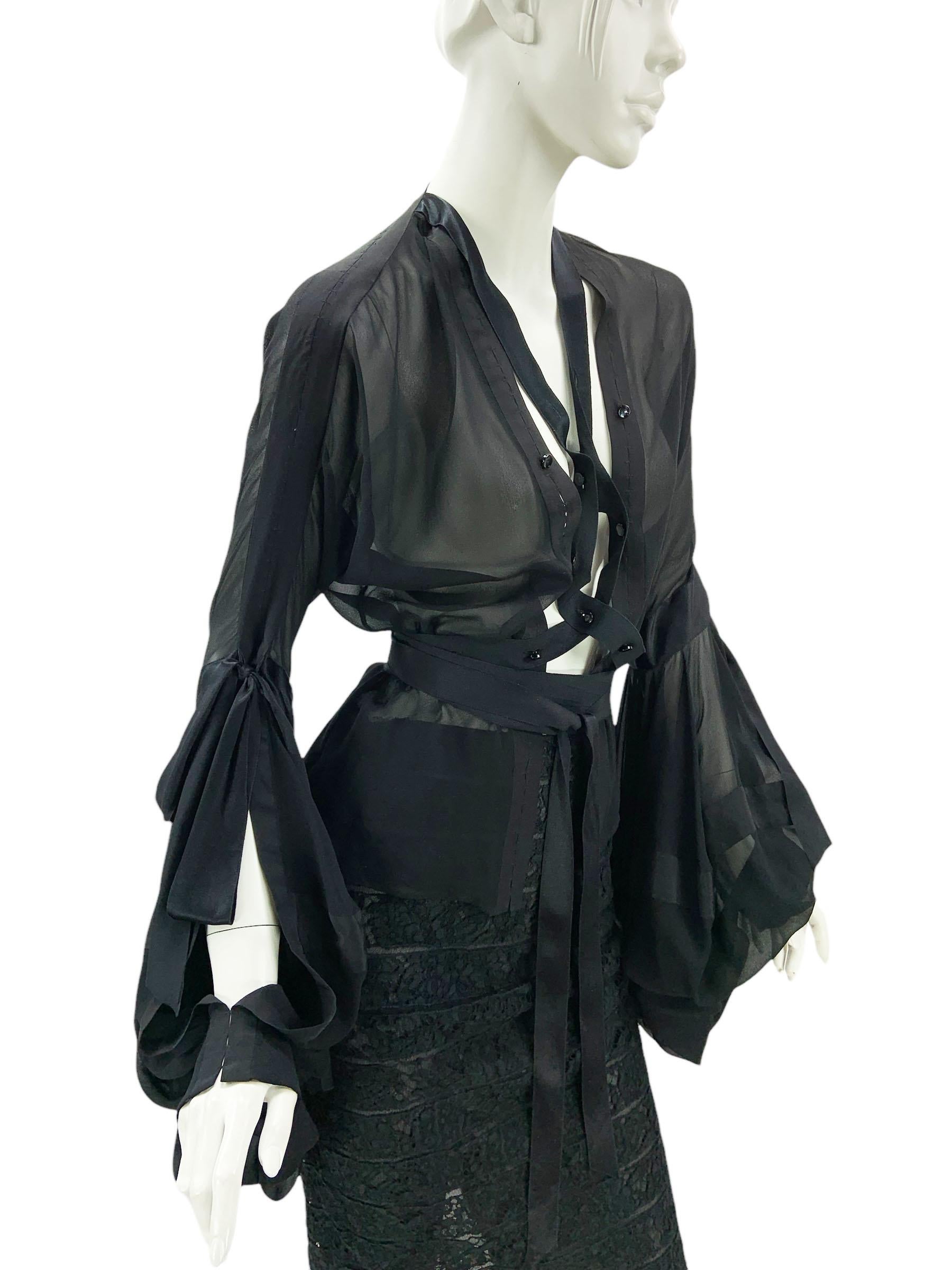 Tom Ford x Yves Saint Laurent FW 2002 Ribbon Lace-Up Blouse + Lace Skirt  Fr. 38 For Sale 2