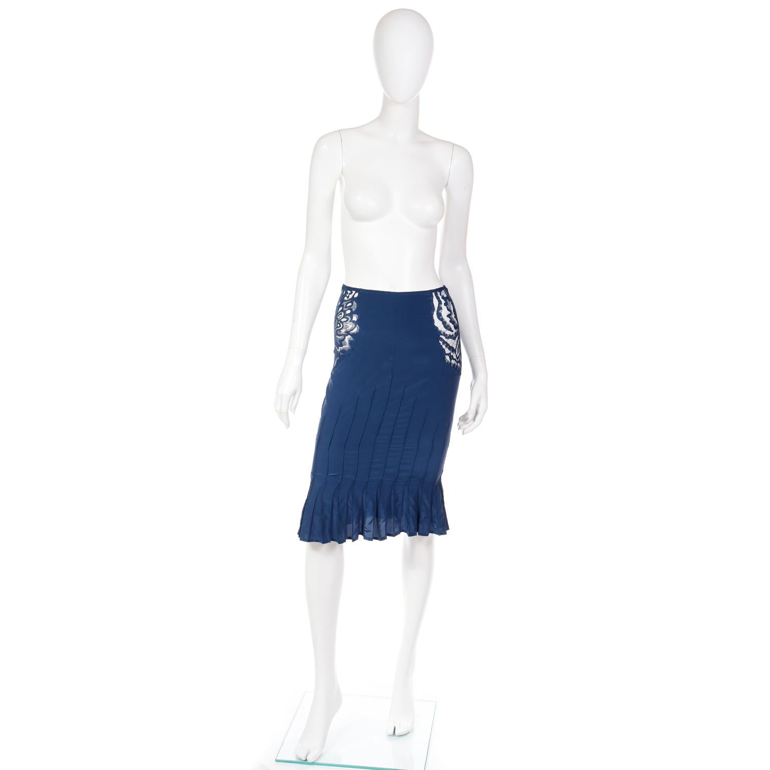 Tom Ford YSL Vintage Blue Silk 2003 Runway Skirt w Sheer Floral Lace Cutwork  In Excellent Condition For Sale In Portland, OR