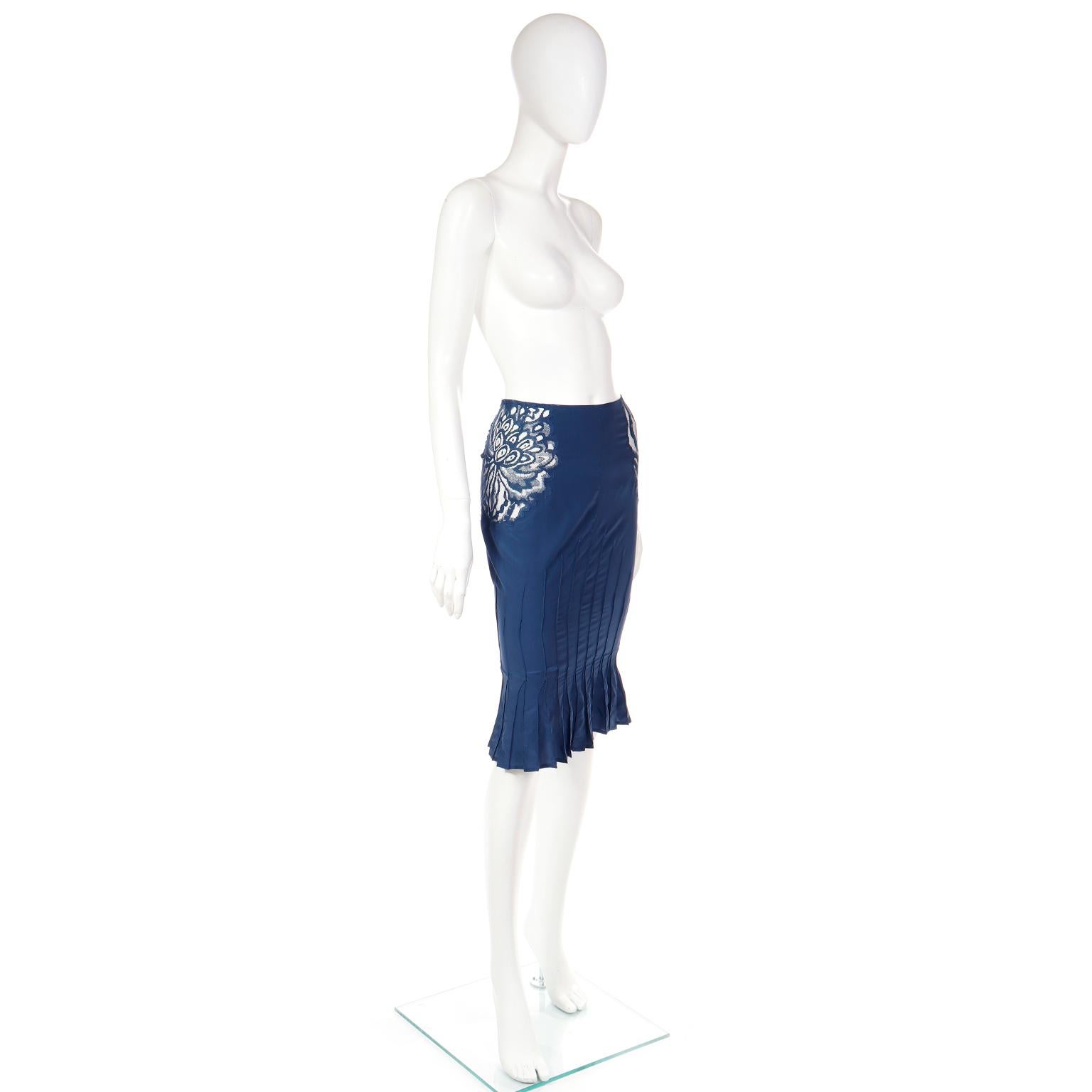 Women's Tom Ford YSL Vintage Blue Silk 2003 Runway Skirt w Sheer Floral Lace Cutwork  For Sale