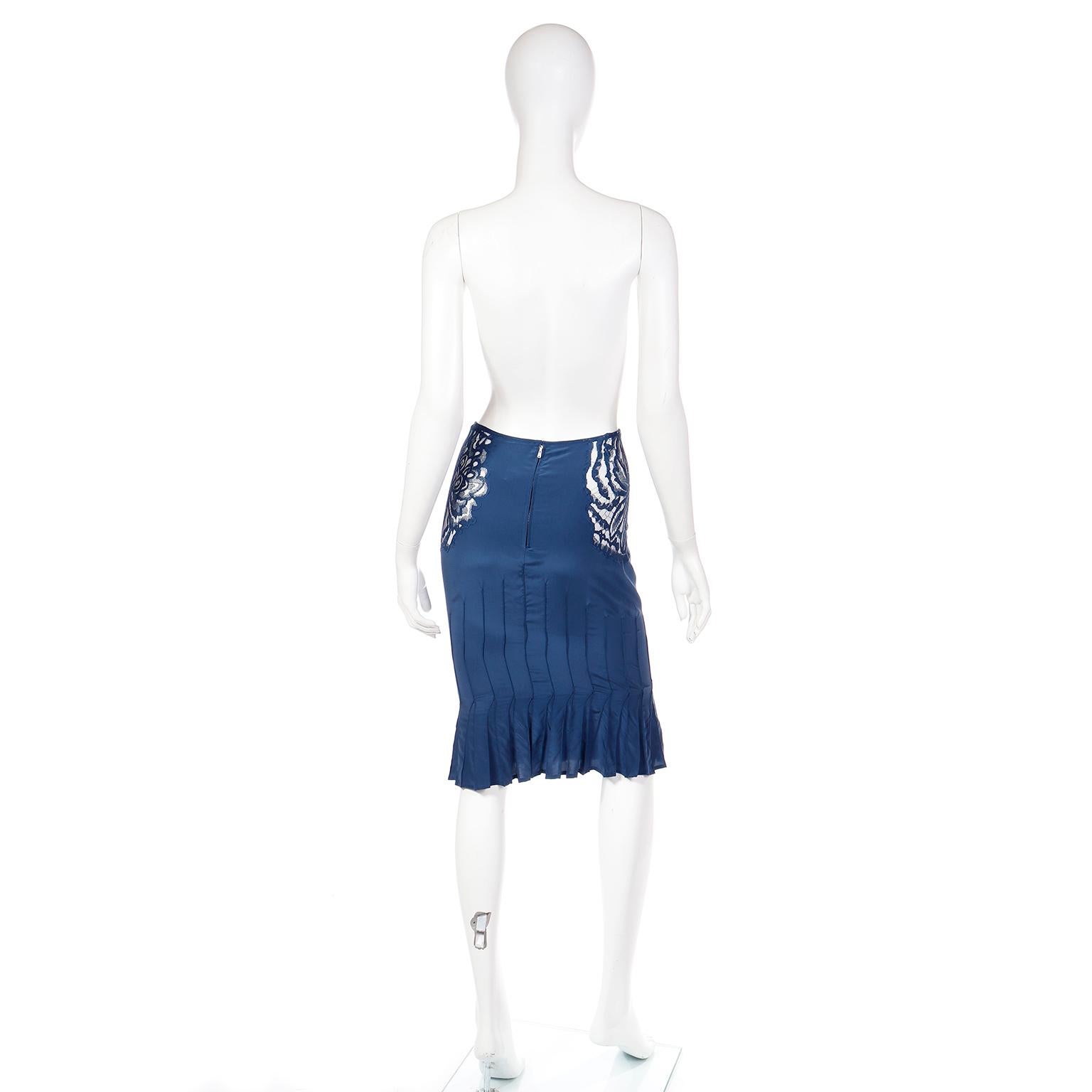 Tom Ford YSL Vintage Blue Silk 2003 Runway Skirt w Sheer Floral Lace Cutwork  1