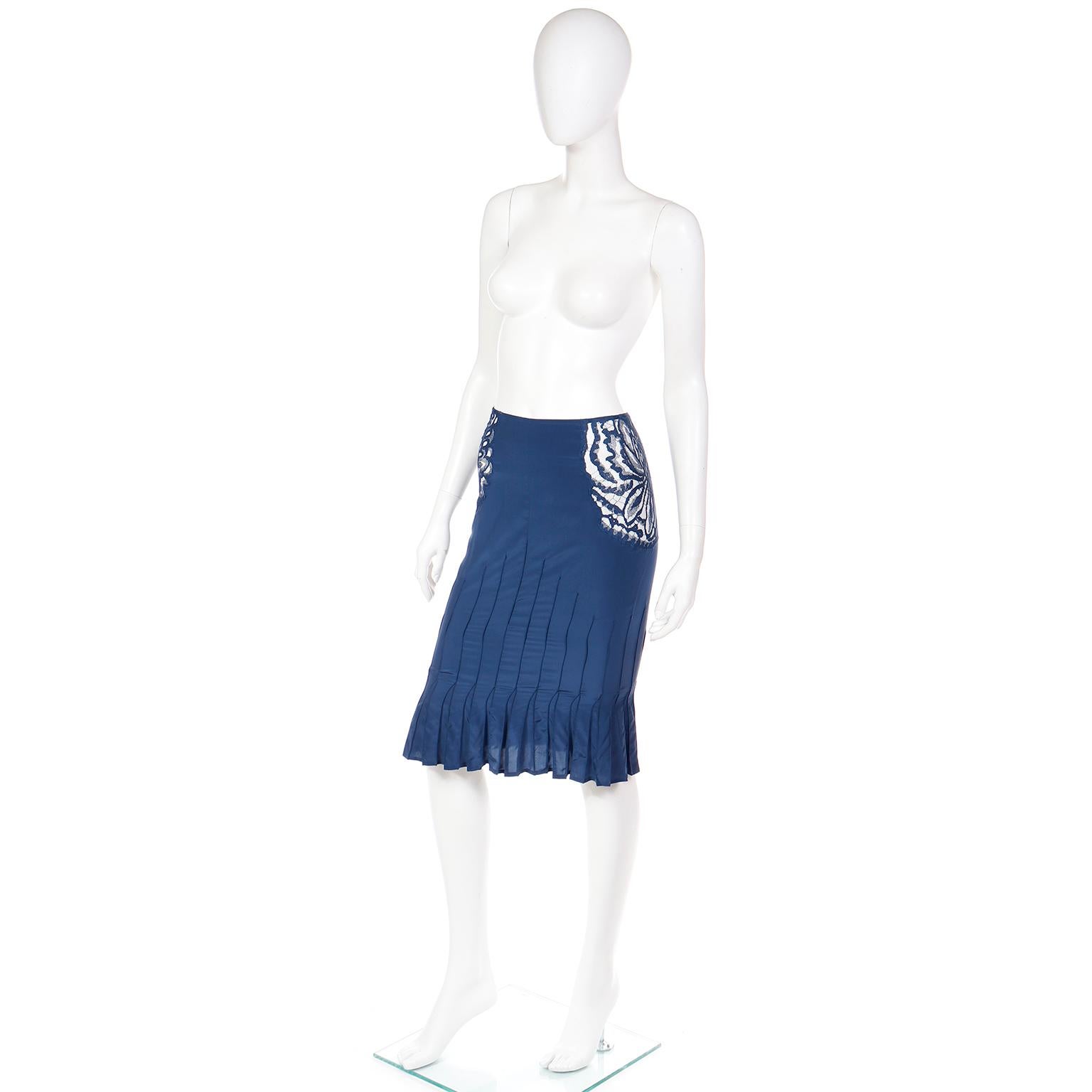 Tom Ford YSL Vintage Blue Silk 2003 Runway Skirt w Sheer Floral Lace Cutwork  2