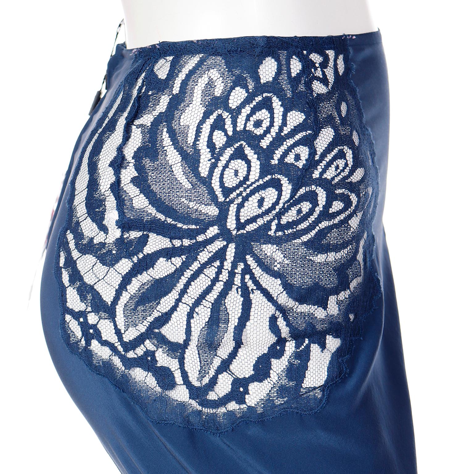 Tom Ford YSL Vintage Blue Silk 2003 Runway Skirt w Sheer Floral Lace Cutwork  3