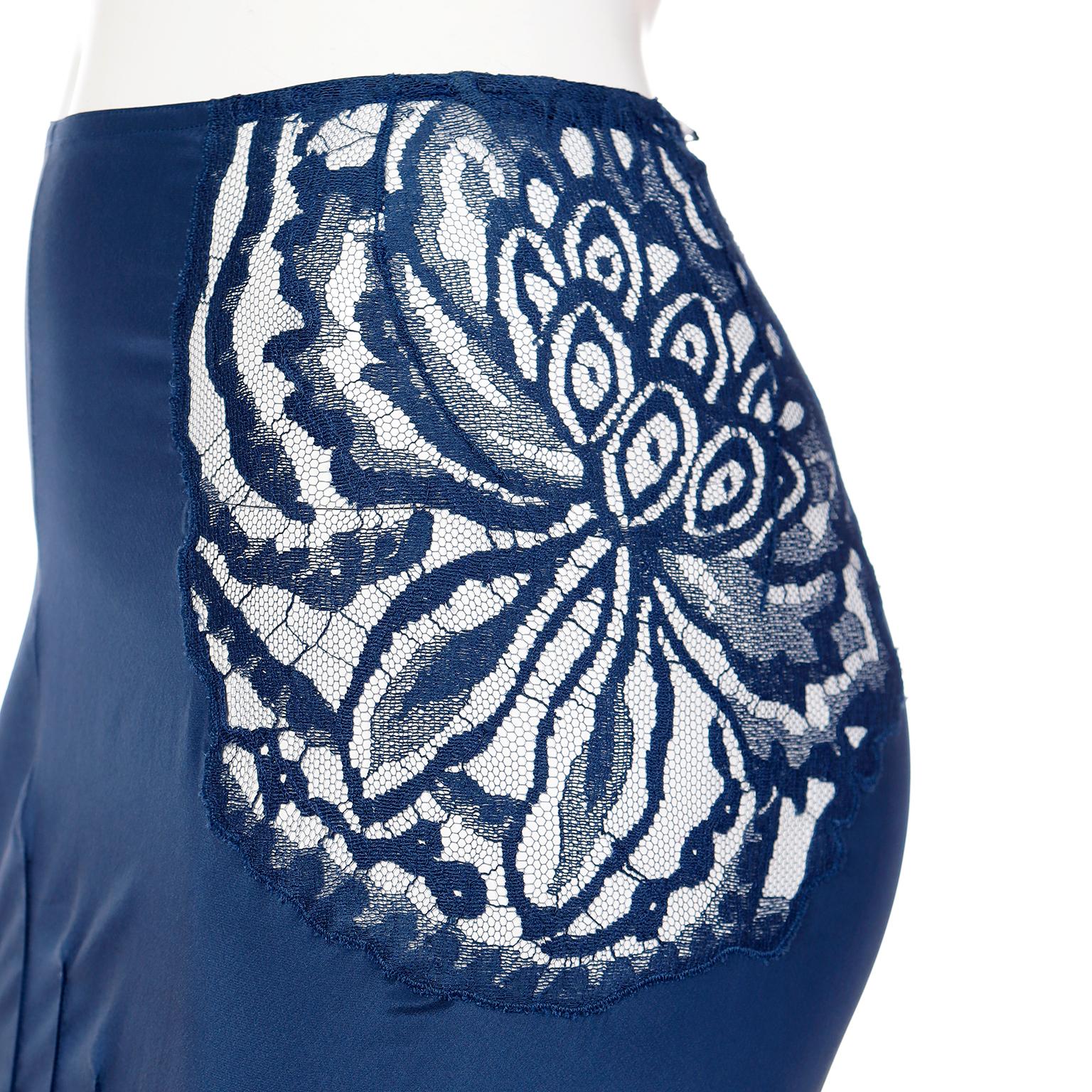 Tom Ford YSL Vintage Blue Silk 2003 Runway Skirt w Sheer Floral Lace Cutwork  For Sale 4