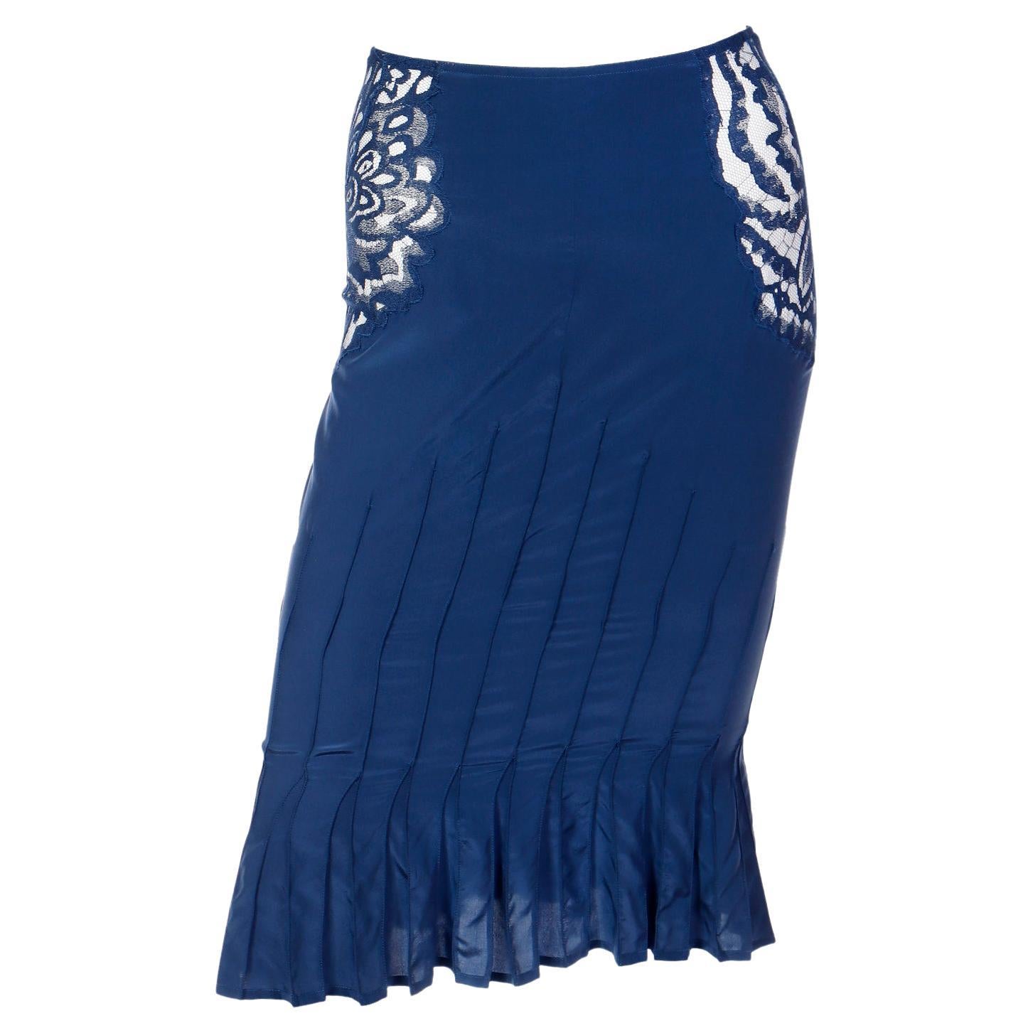 Tom Ford YSL Vintage Blue Silk 2003 Runway Skirt w Sheer Floral Lace Cutwork  For Sale