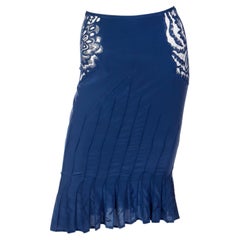 Tom Ford YSL Used Blue Silk 2003 Runway Skirt w Sheer Floral Lace Cutwork 