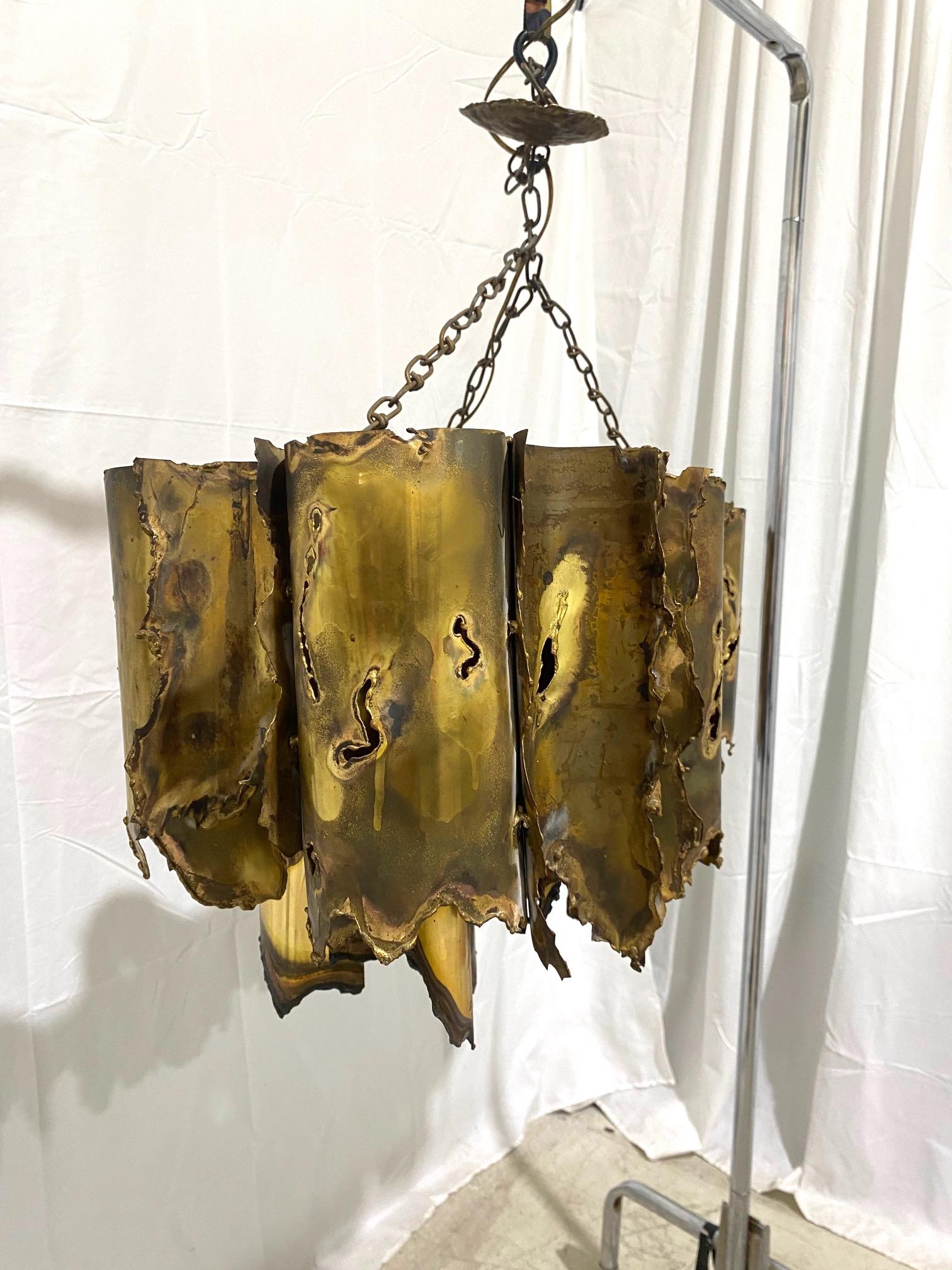 American Tom Greene 1960s Brutalist Torch Cut Rectangular Brass Chandelier For Sale
