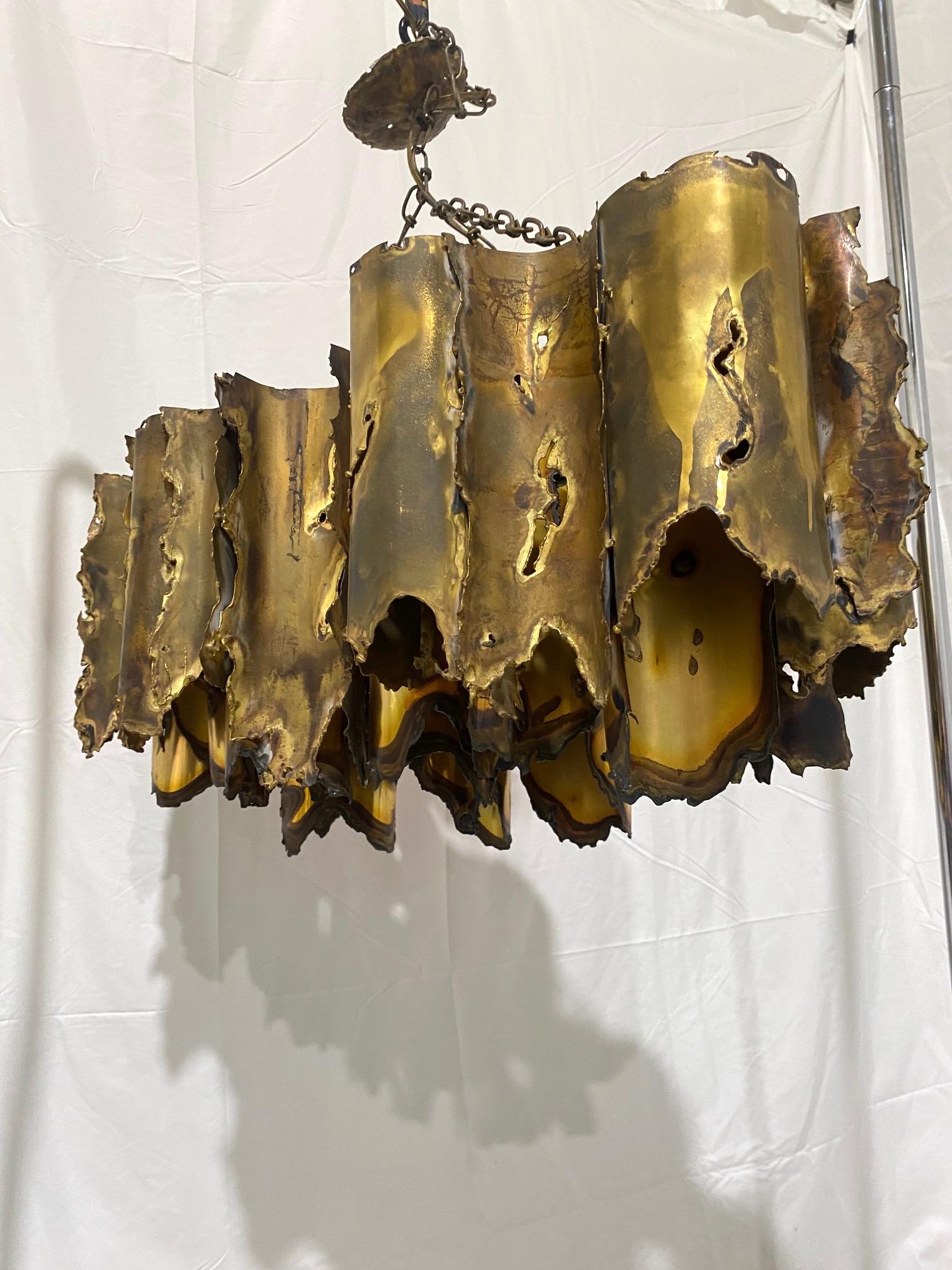 Mid-20th Century Tom Greene 1960s Brutalist Torch Cut Rectangular Brass Chandelier For Sale