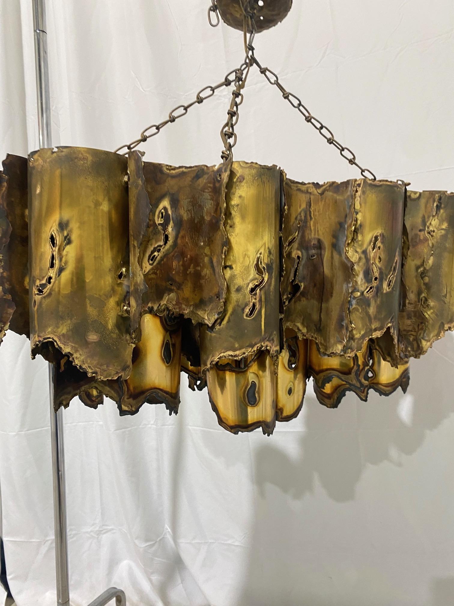 Tom Greene 1960s Brutalist Torch Cut Rectangular Brass Chandelier For Sale 1