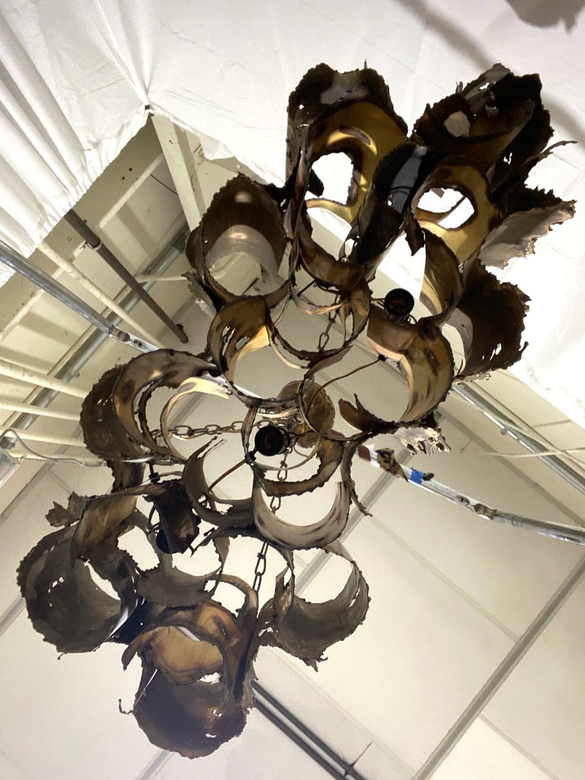 Tom Greene 1960s Brutalist Torch Cut Rectangular Brass Chandelier For Sale 2