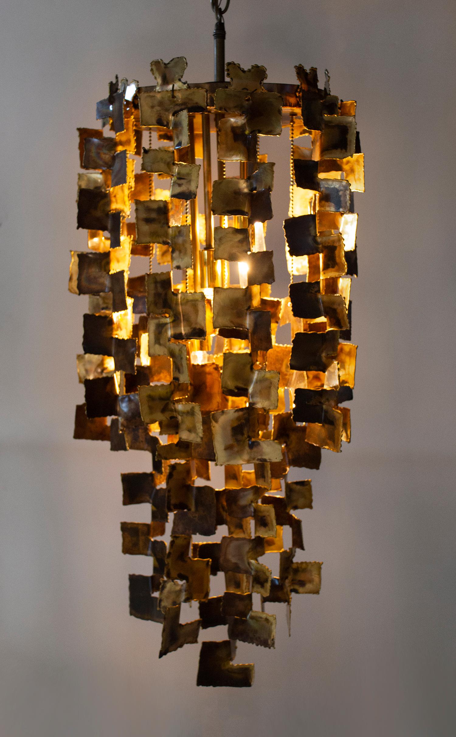 American Tom Greene Brutalist Chandelier for Feldman in Torch-Cut Brass, 1960s