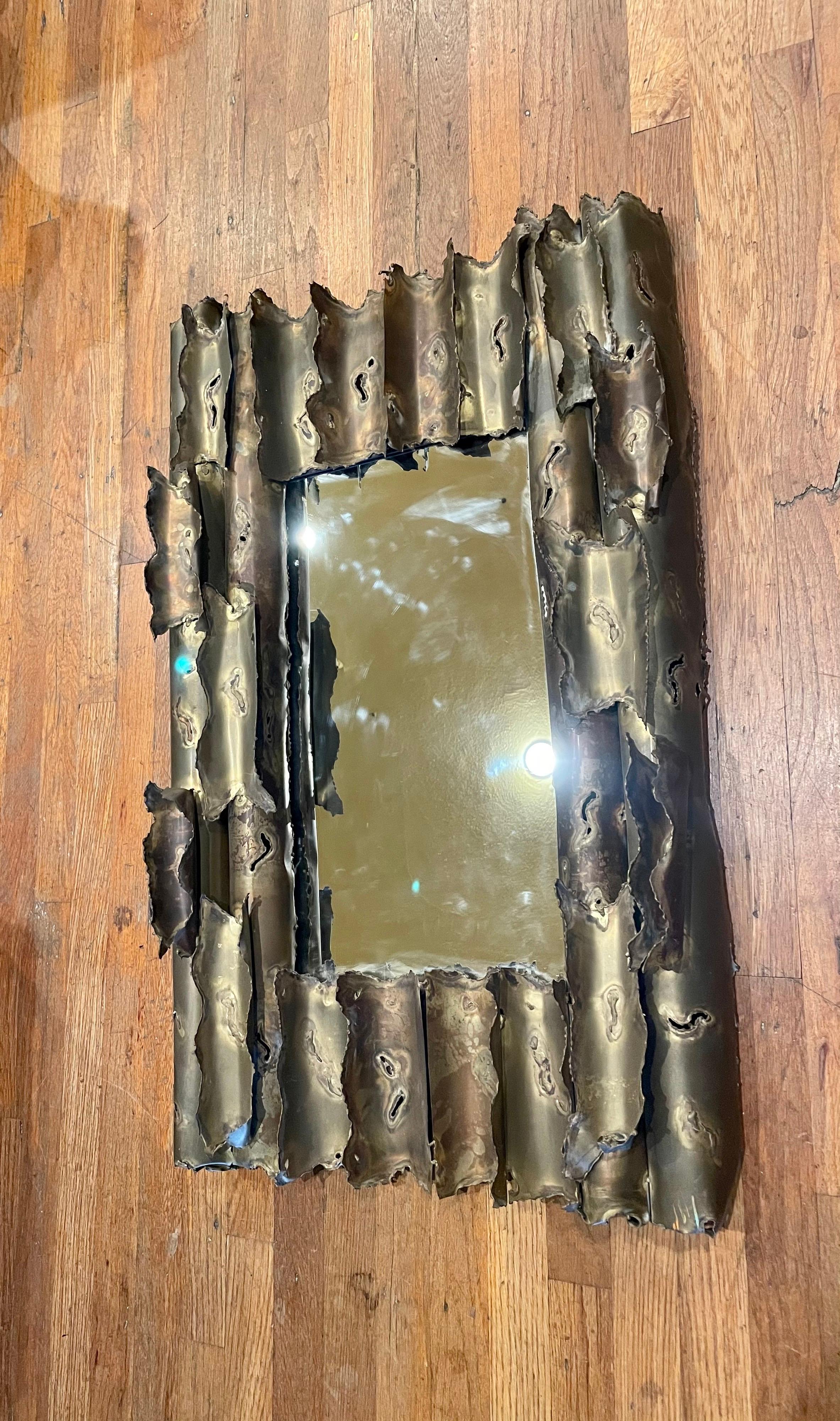 Hammered Tom Greene Brutalist Torch Cut Brass rare Wall Mirror