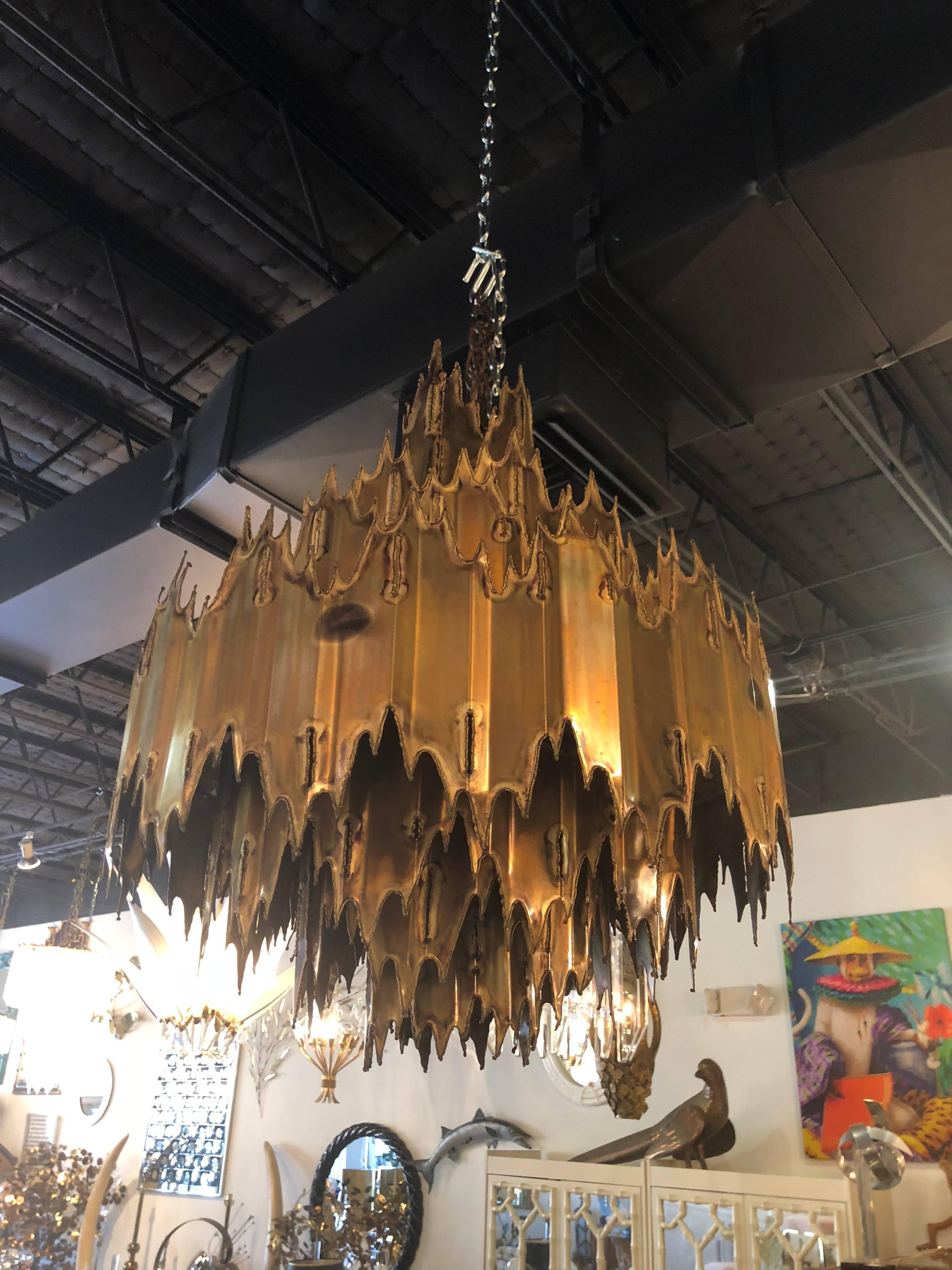 Late 20th Century Tom Greene for Feldman Brutalist Torch Cut Chandelier Seven-Tier Metal