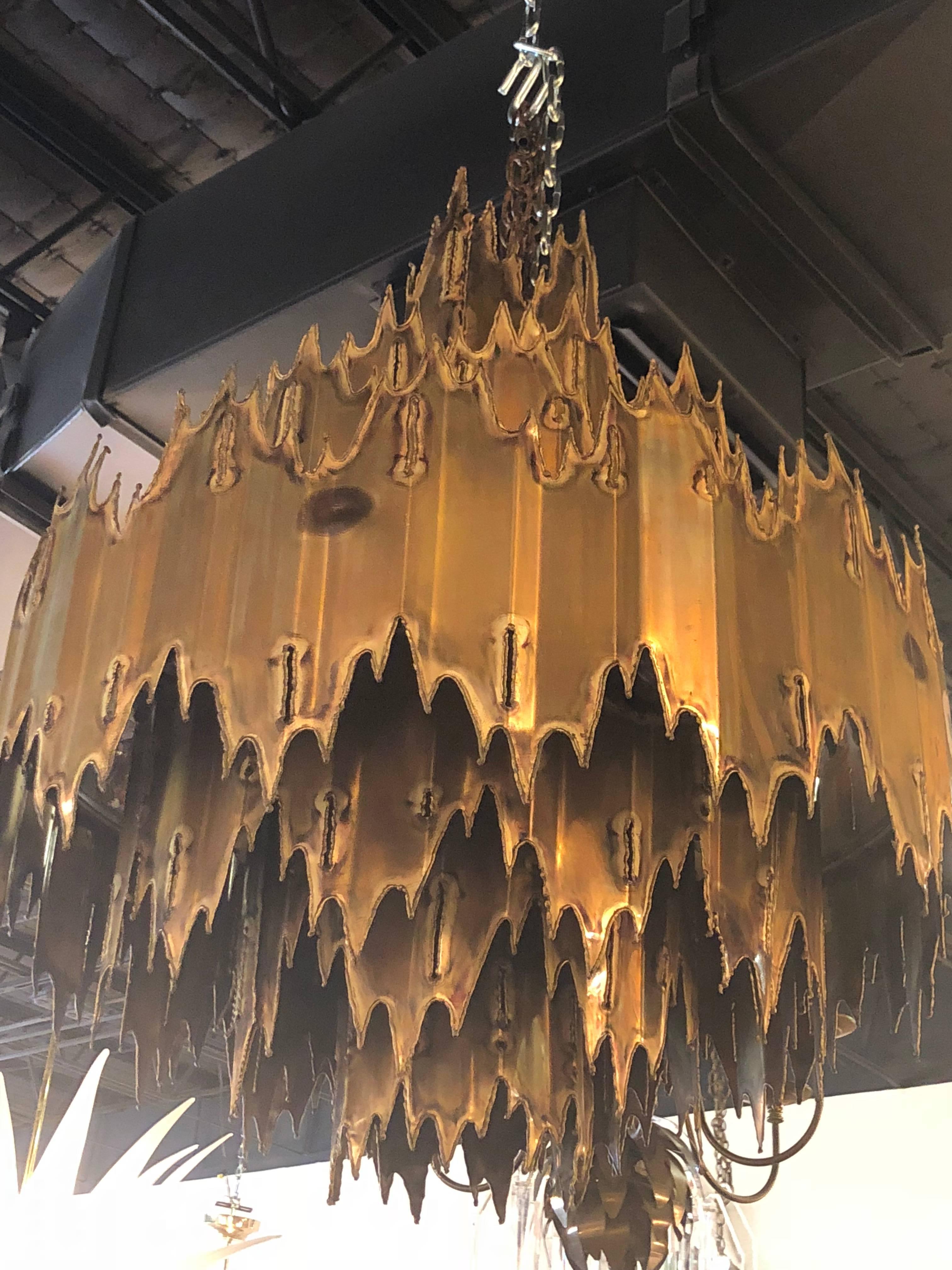Brass Tom Greene for Feldman Brutalist Torch Cut Chandelier Seven-Tier Metal