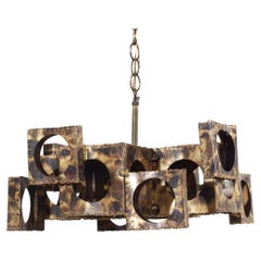 Tom Greene for Feldman Mid Century Brass Brutalist Cube Chandelier